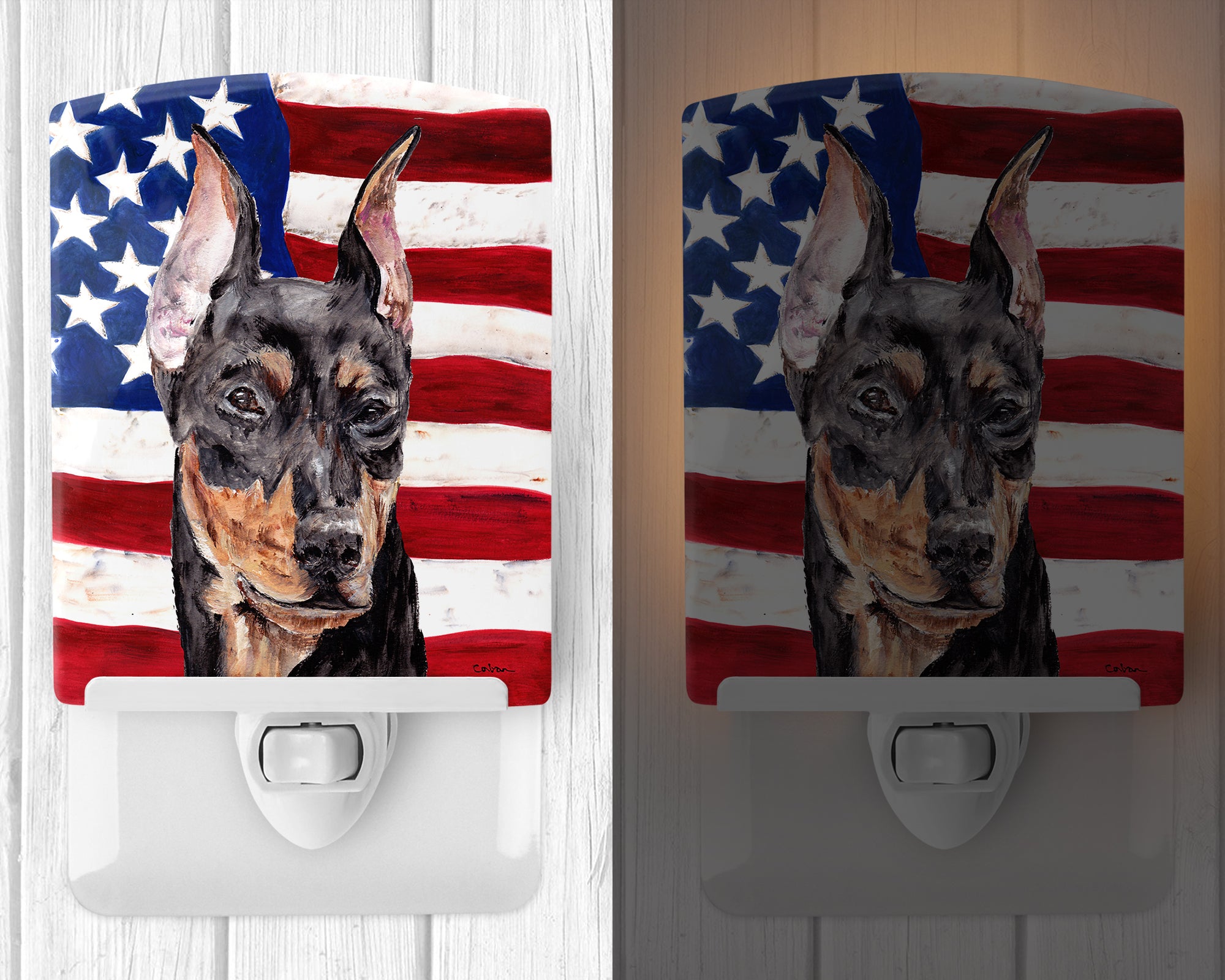 German Pinscher with American Flag USA Ceramic Night Light SC9644CNL - the-store.com