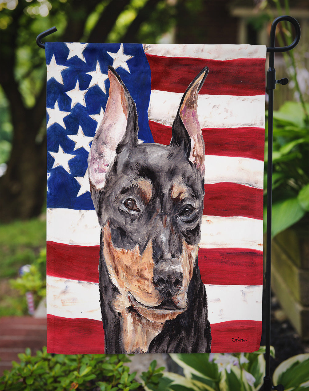 German Pinscher with American Flag USA Flag Garden Size SC9644GF.