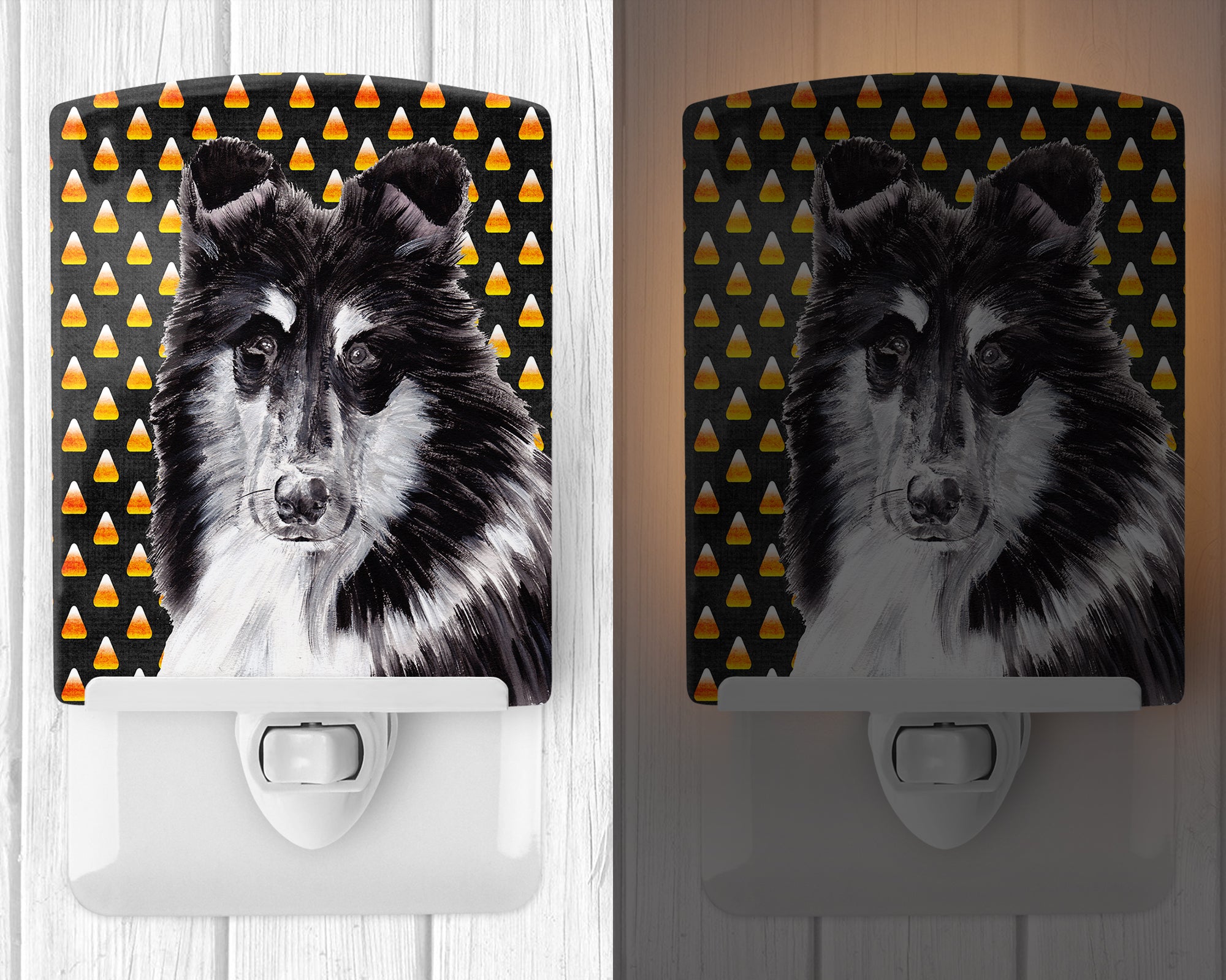 Black and White Collie Candy Corn Halloween Ceramic Night Light SC9654CNL - the-store.com