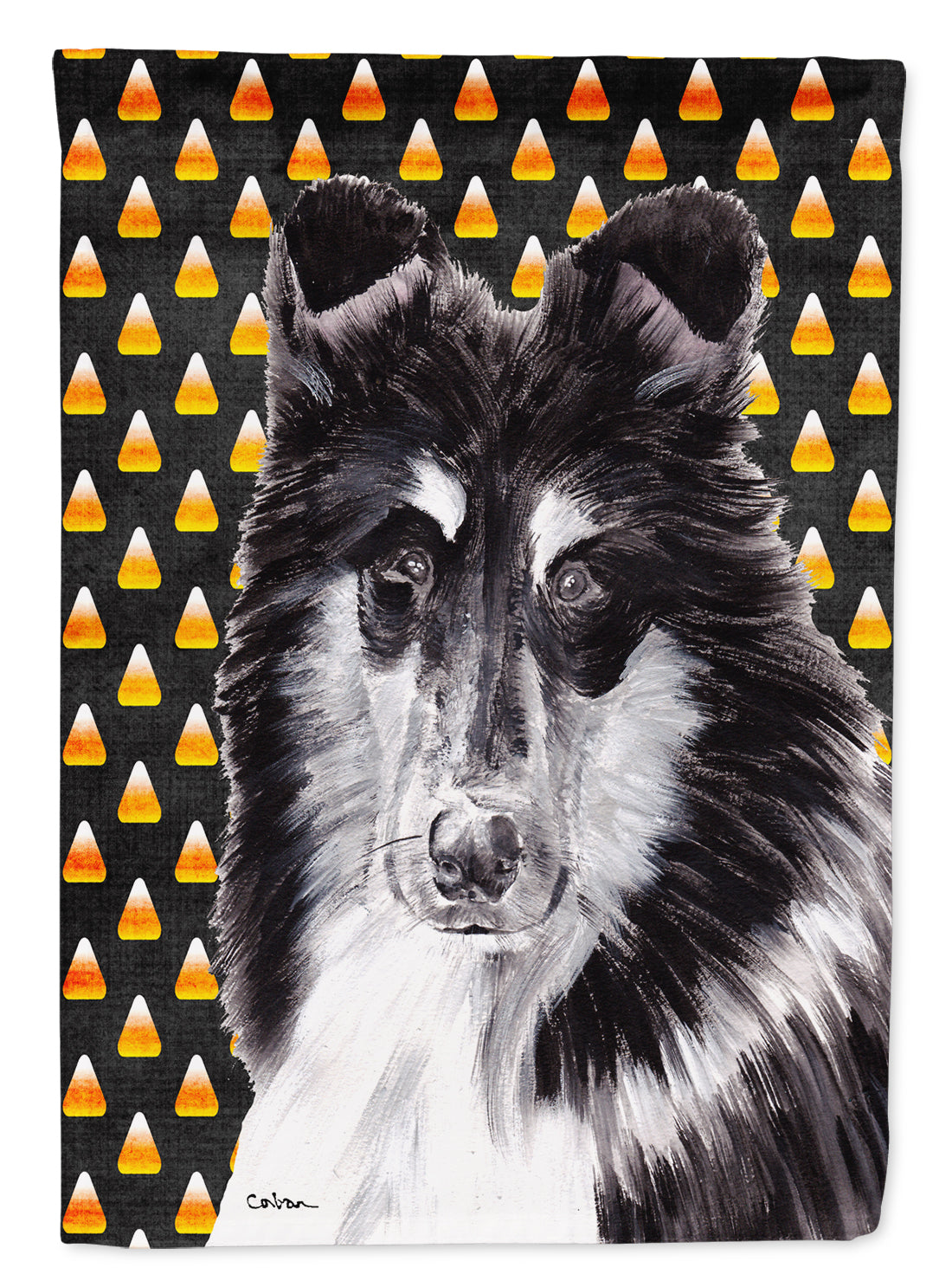 Black and White Collie Candy Corn Halloween Flag Garden Size SC9654GF  the-store.com.