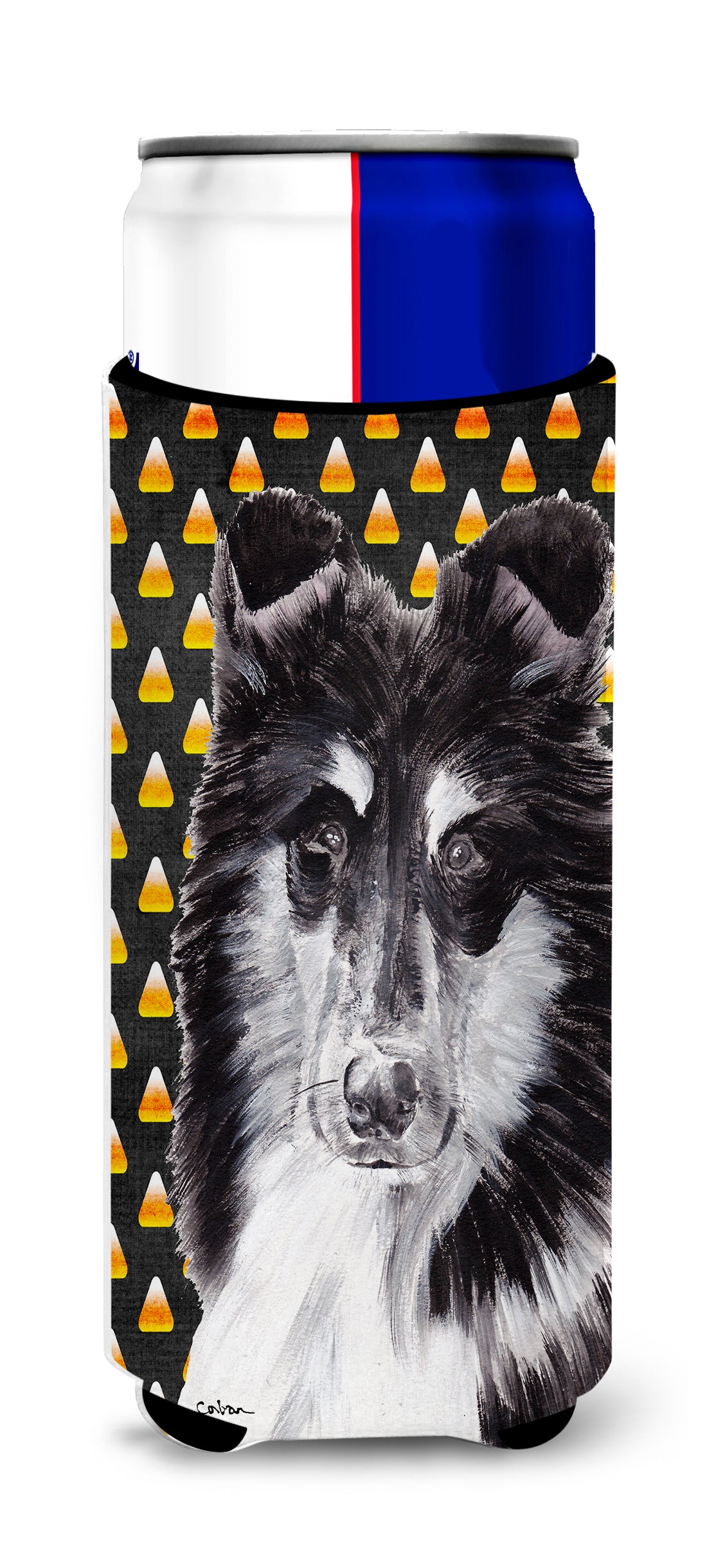 Black and White Collie Candy Corn Halloween Ultra Beverage Insulators for slim cans SC9654MUK.