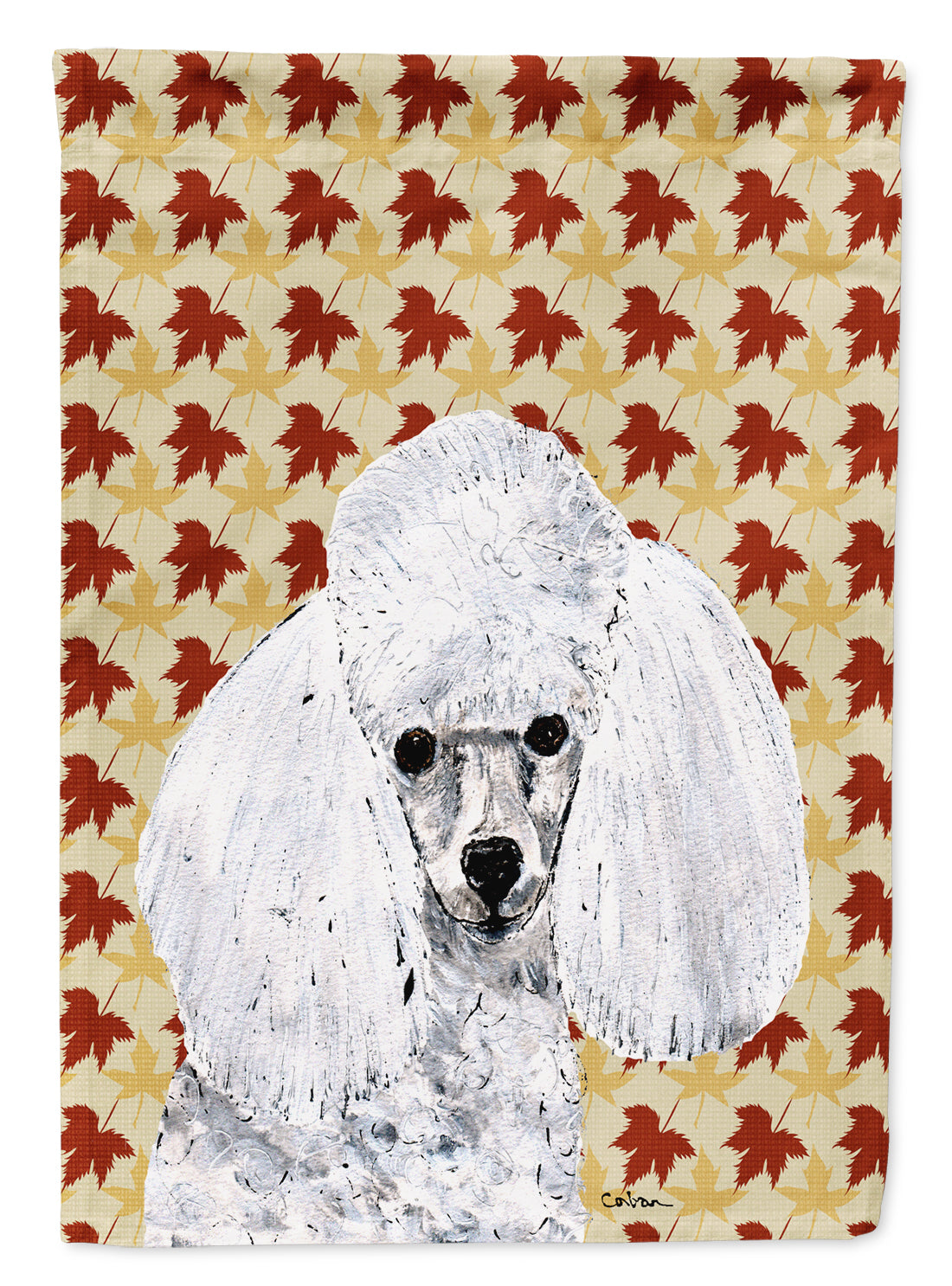 White Toy Poodle Fall Leaves Flag Canvas House Size SC9677CHF  the-store.com.