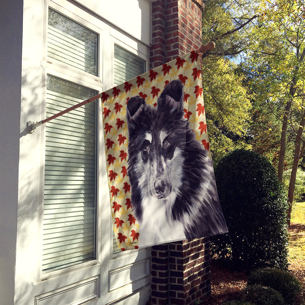 Black and White Collie Fall Leaves Flag Canvas House Size SC9678CHF  the-store.com.