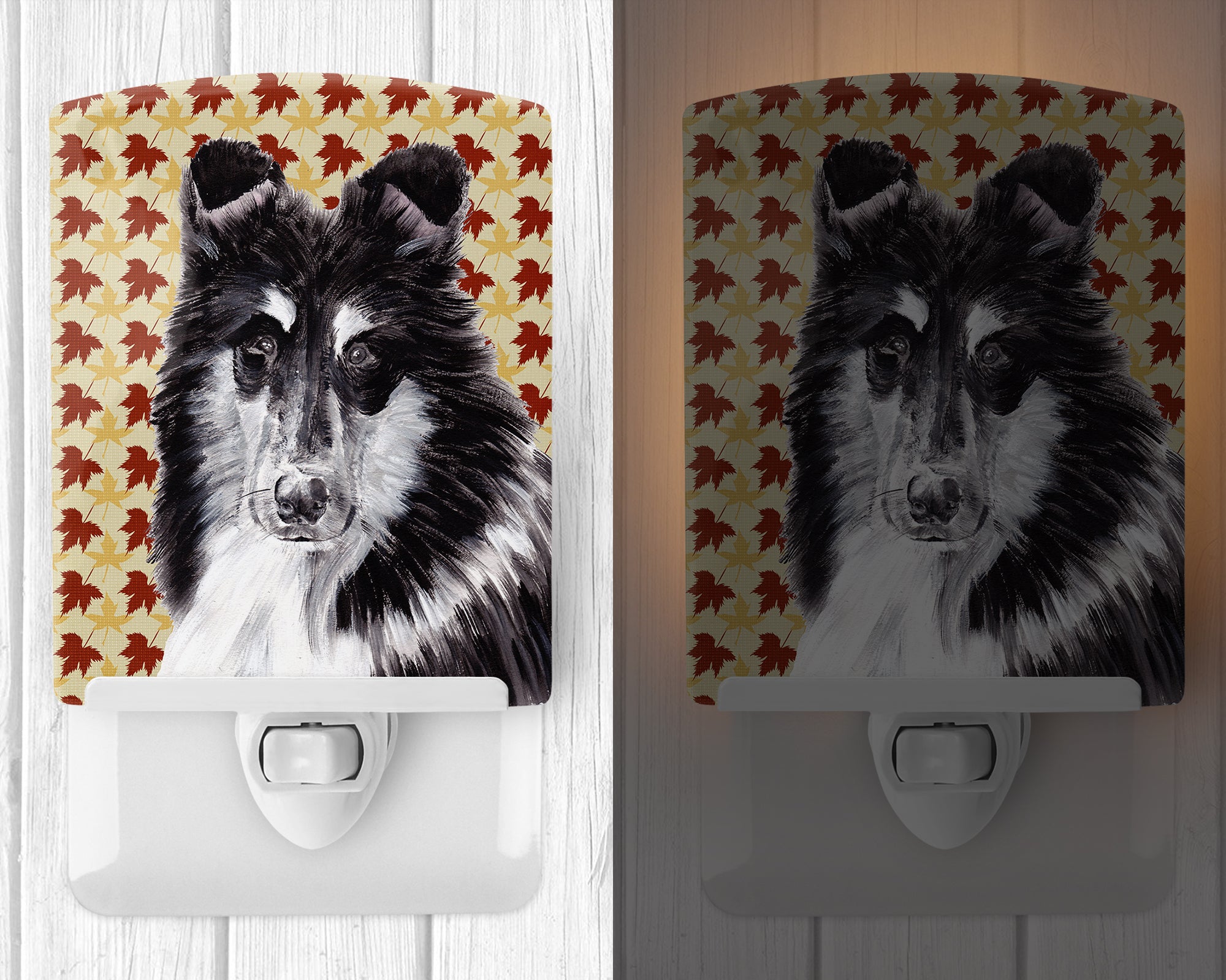 Black and White Collie Fall Leaves Ceramic Night Light SC9678CNL - the-store.com