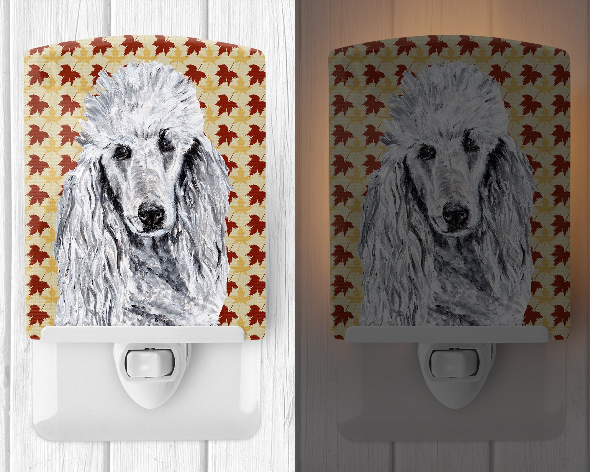 White Standard Poodle Fall Leaves Ceramic Night Light SC9679CNL - the-store.com