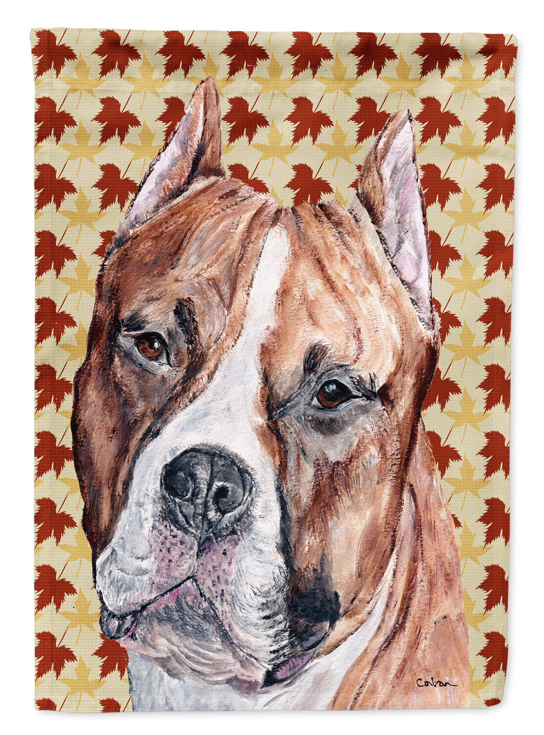 Staffordshire Bull Terrier Staffie Fall Leaves Flag Canvas House Size SC9680CHF  the-store.com.