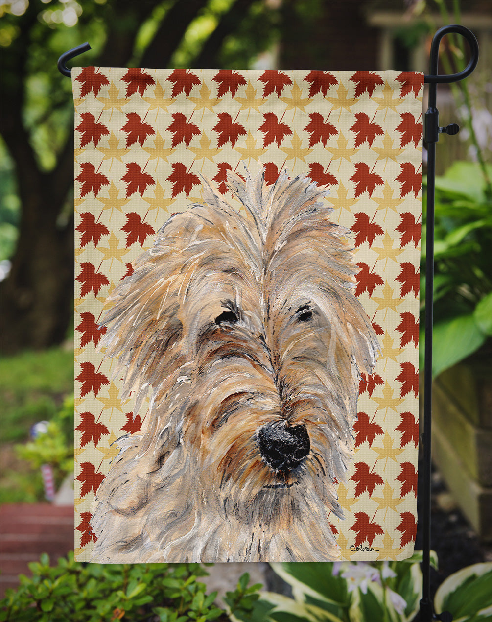 Golden Doodle 2 Fall Leaves Flag Garden Size SC9691GF  the-store.com.