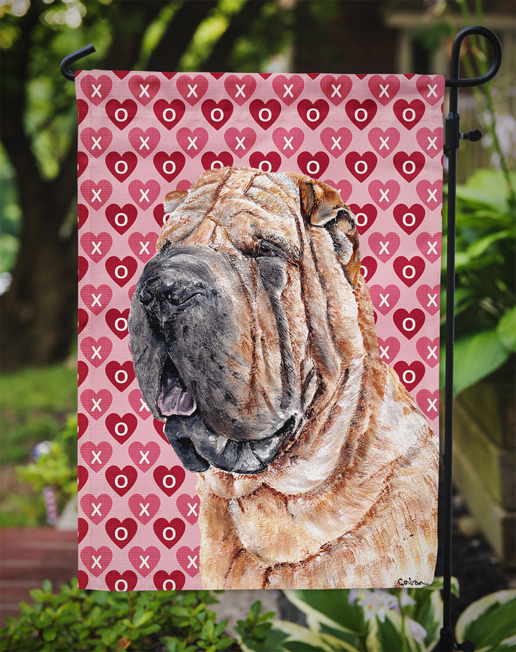 Shar Pei Hearts and Love Flag Garden Size SC9695GF  the-store.com.