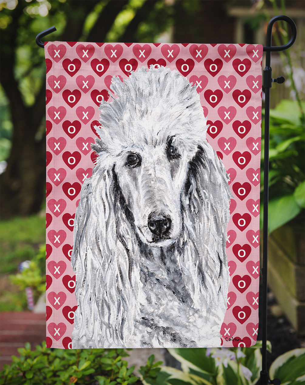 White Standard Poodle Hearts and Love Flag Garden Size SC9703GF  the-store.com.