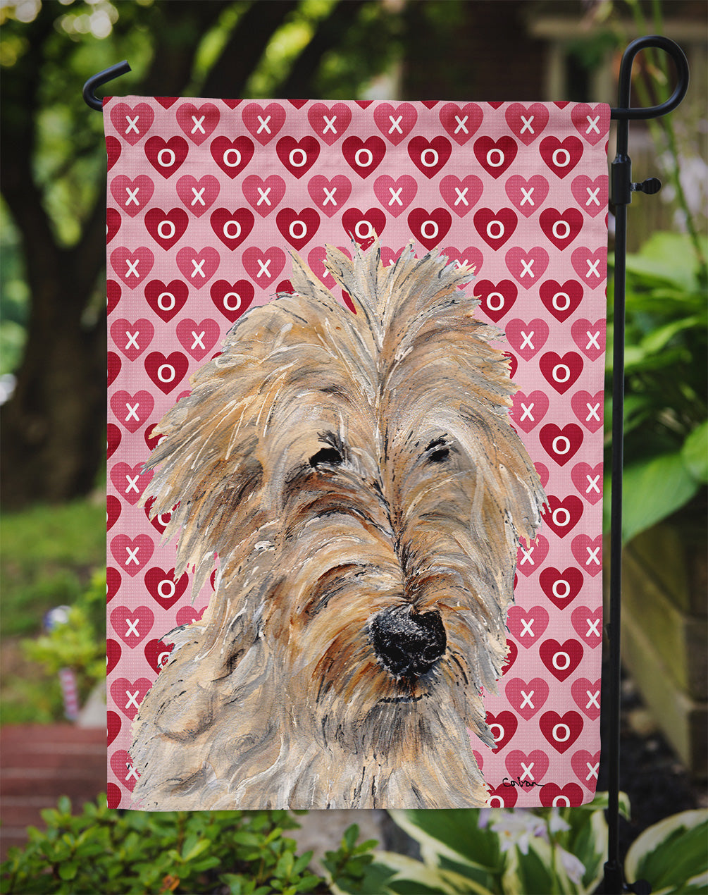 Golden Doodle 2 Hearts and Love Flag Garden Size SC9715GF  the-store.com.