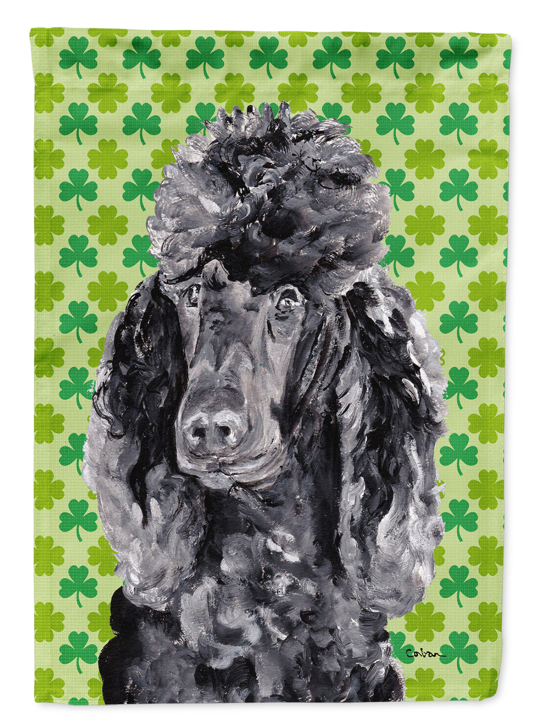 Black Standard Poodle Lucky Shamrock St. Patrick's Day Flag Canvas House Size SC9722CHF  the-store.com.