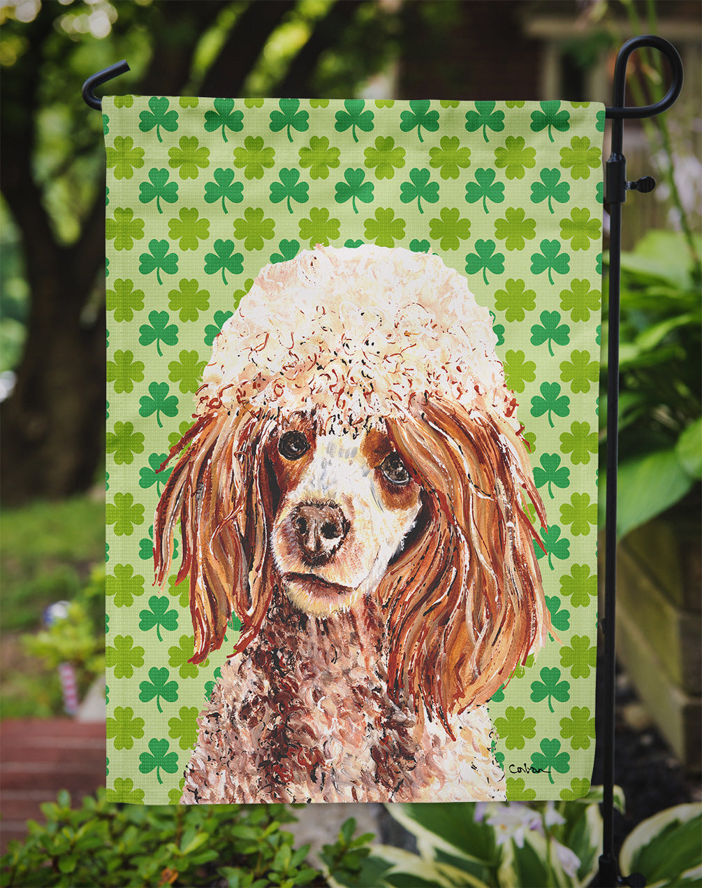 Red Miniature Poodle Lucky Shamrock St. Patrick's Day Flag Garden Size  the-store.com.