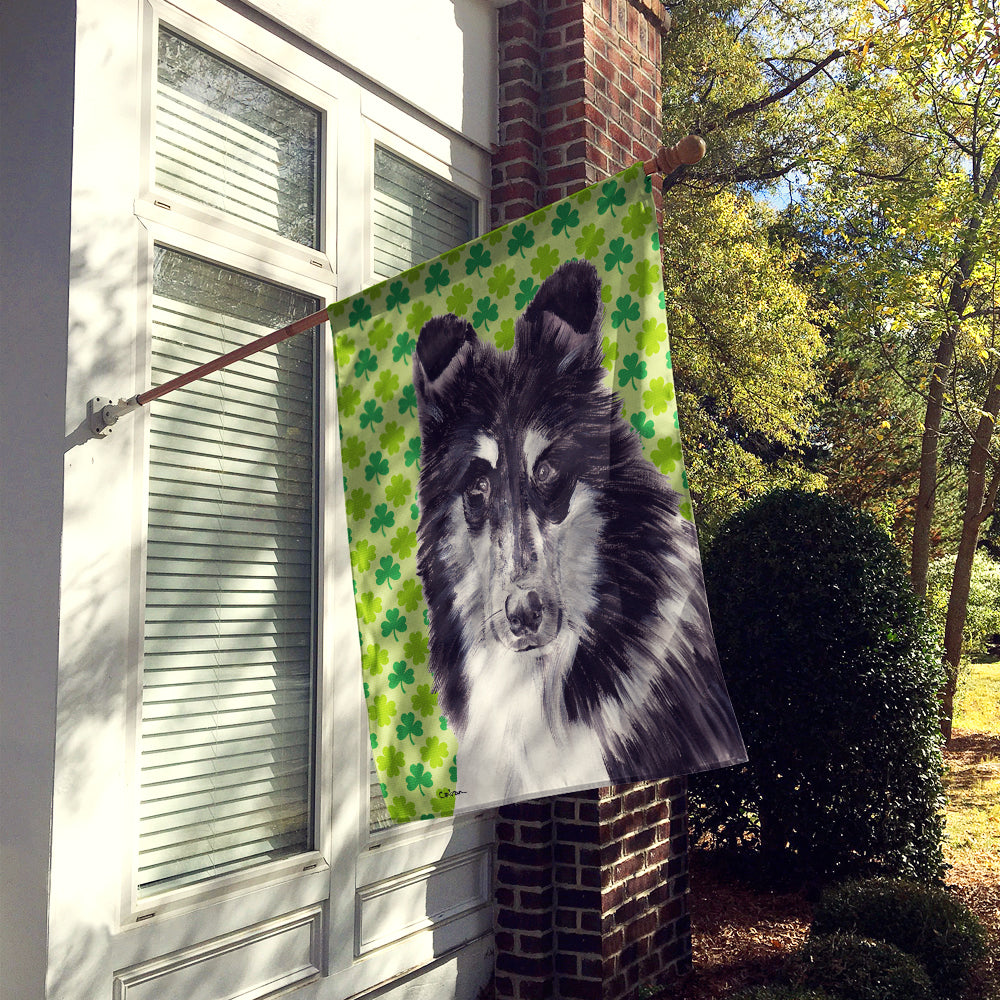 Black and White Collie Lucky Shamrock St. Patrick's Day Flag Canvas House Size SC9726CHF  the-store.com.