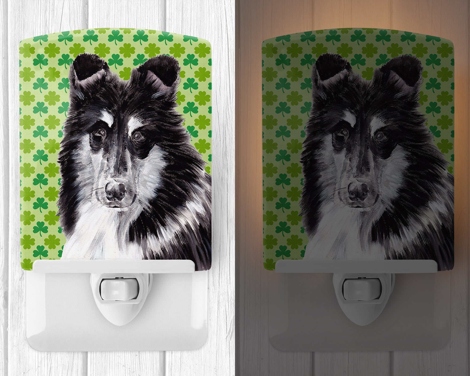 Black and White Collie Lucky Shamrock St. Patrick's Day Ceramic Night Light SC9726CNL - the-store.com