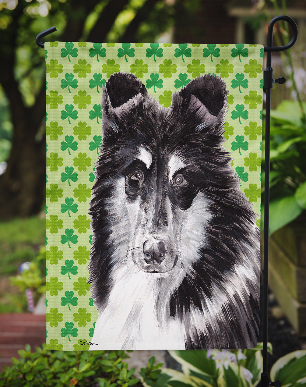 Black and White Collie Lucky Shamrock St. Patrick's Day Flag Garden Size  the-store.com.