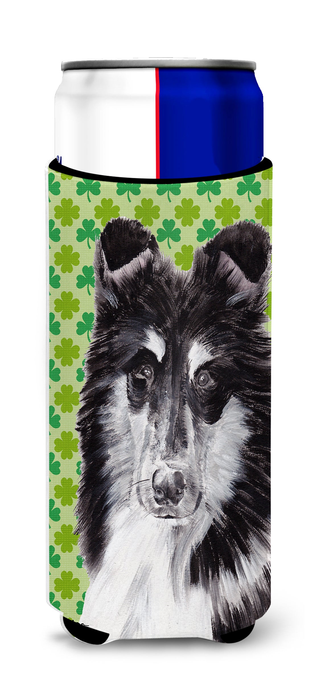 Black and White Collie Lucky Shamrock St. Patrick's Day Ultra Beverage Insulators for slim cans SC9726MUK.