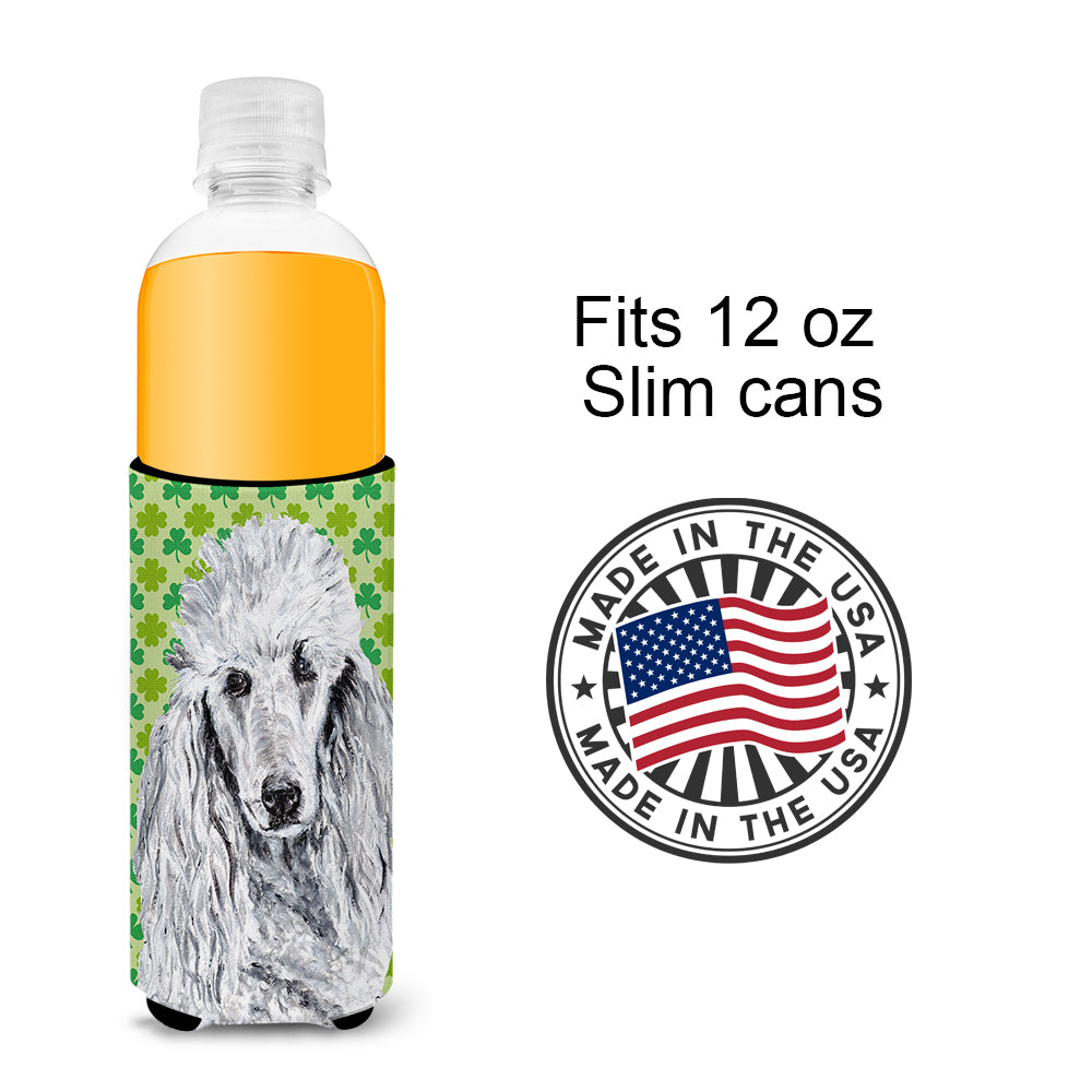 White Standard Poodle Lucky Shamrock St. Patrick's Day Ultra Beverage Insulators for slim cans SC9727MUK.