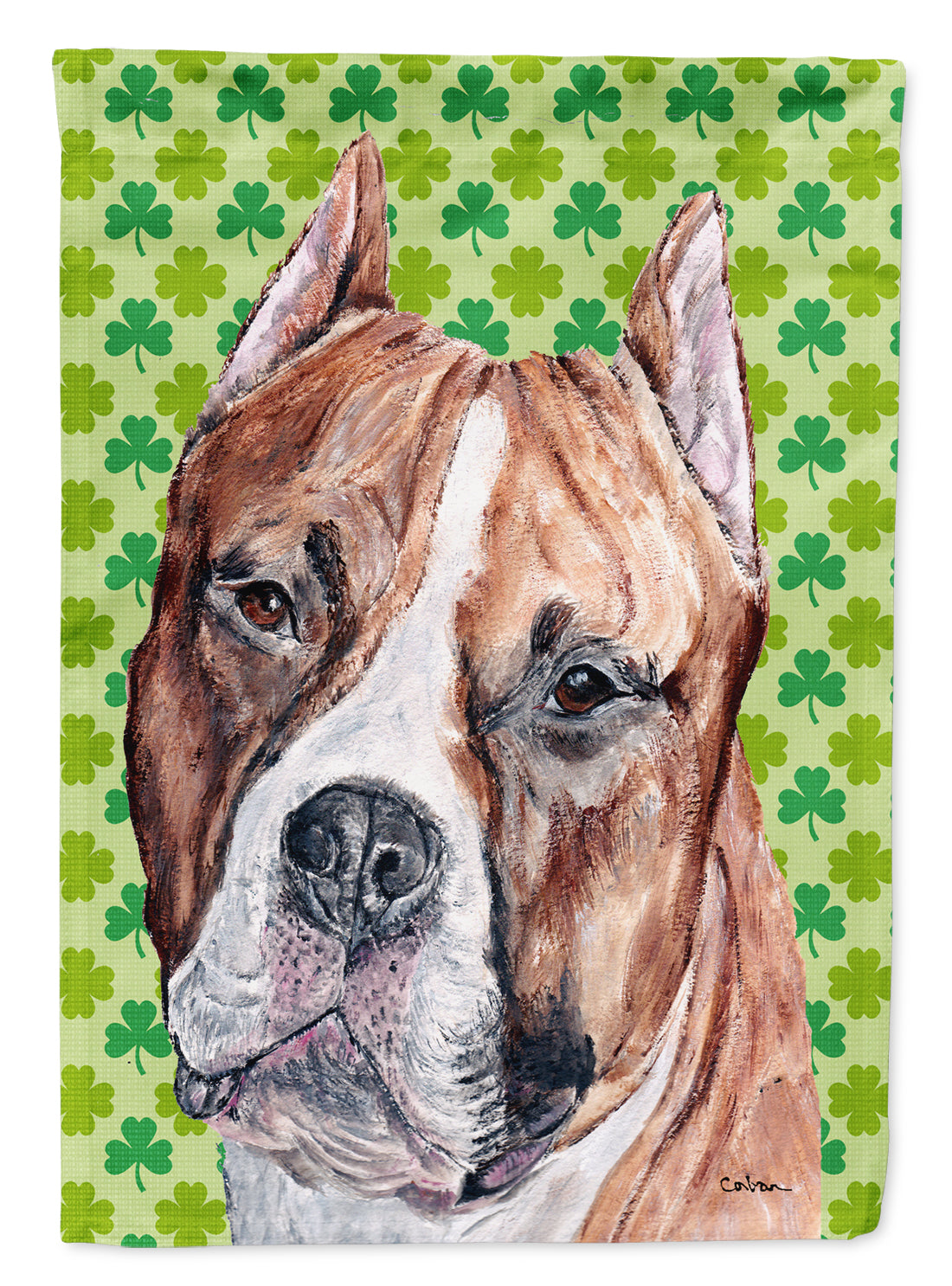 Staffordshire Bull Terrier Staffie Lucky Shamrock St. Patrick's Day Flag Garden Size SC9728GF  the-store.com.