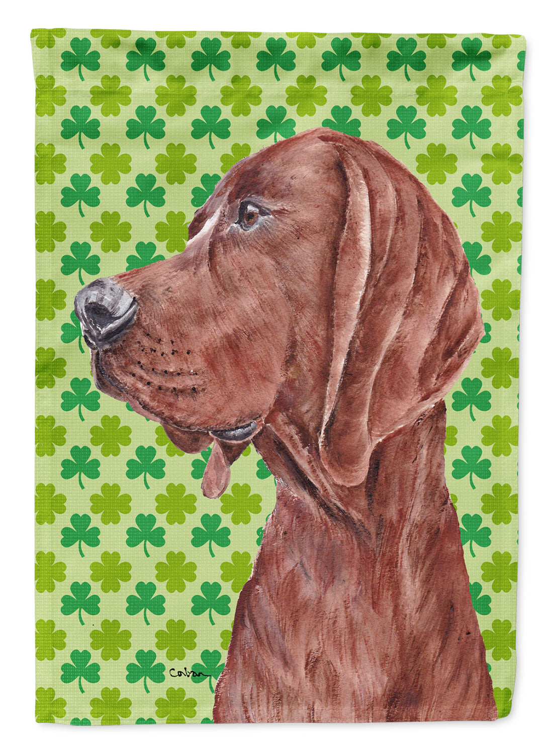 Redbone Coonhound Lucky Shamrock St. Patrick's Day Flag Canvas House Size SC9731CHF  the-store.com.