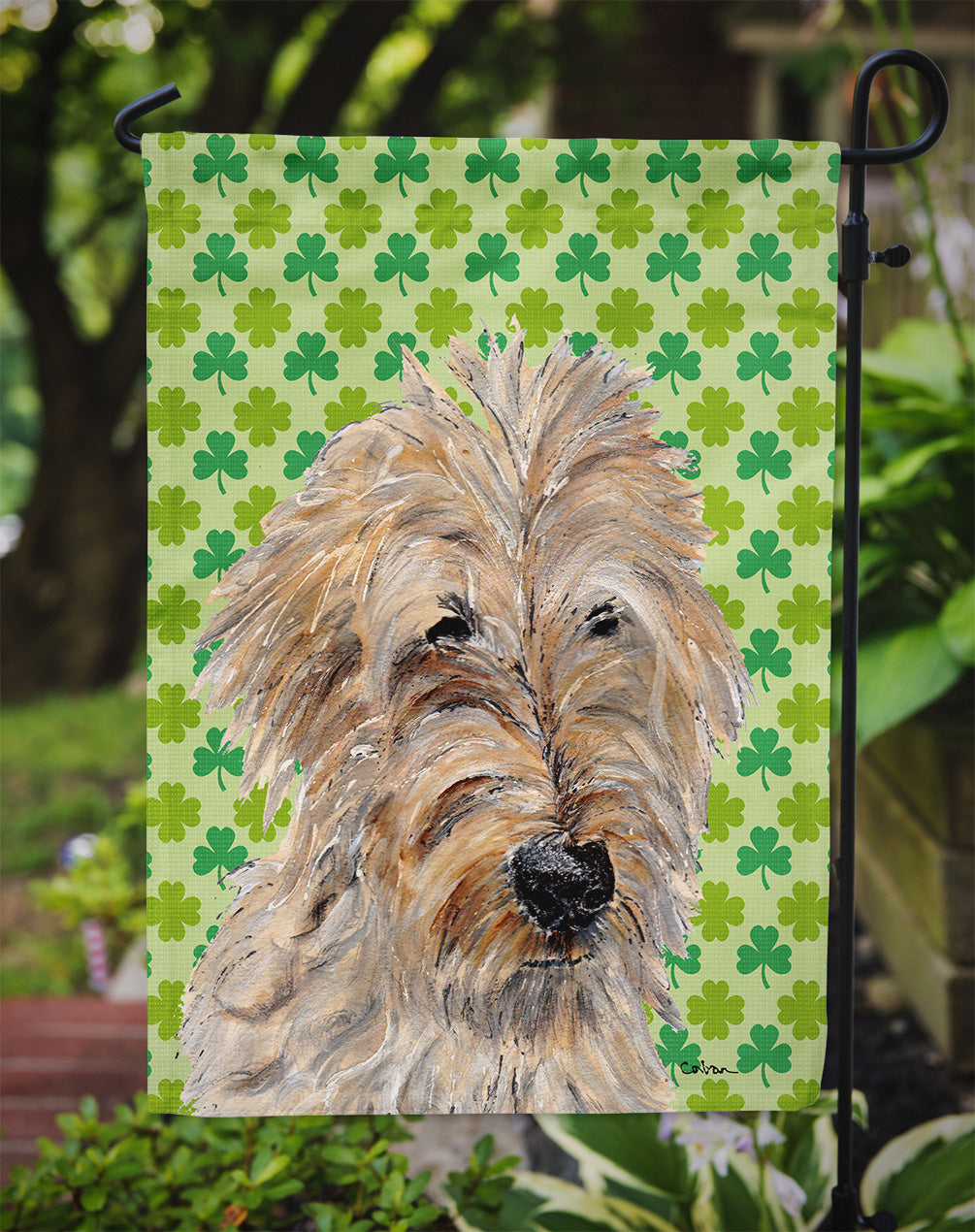 Golden Doodle 2 Lucky Shamrock St. Patrick's Day Flag Garden Size SC9739GF  the-store.com.