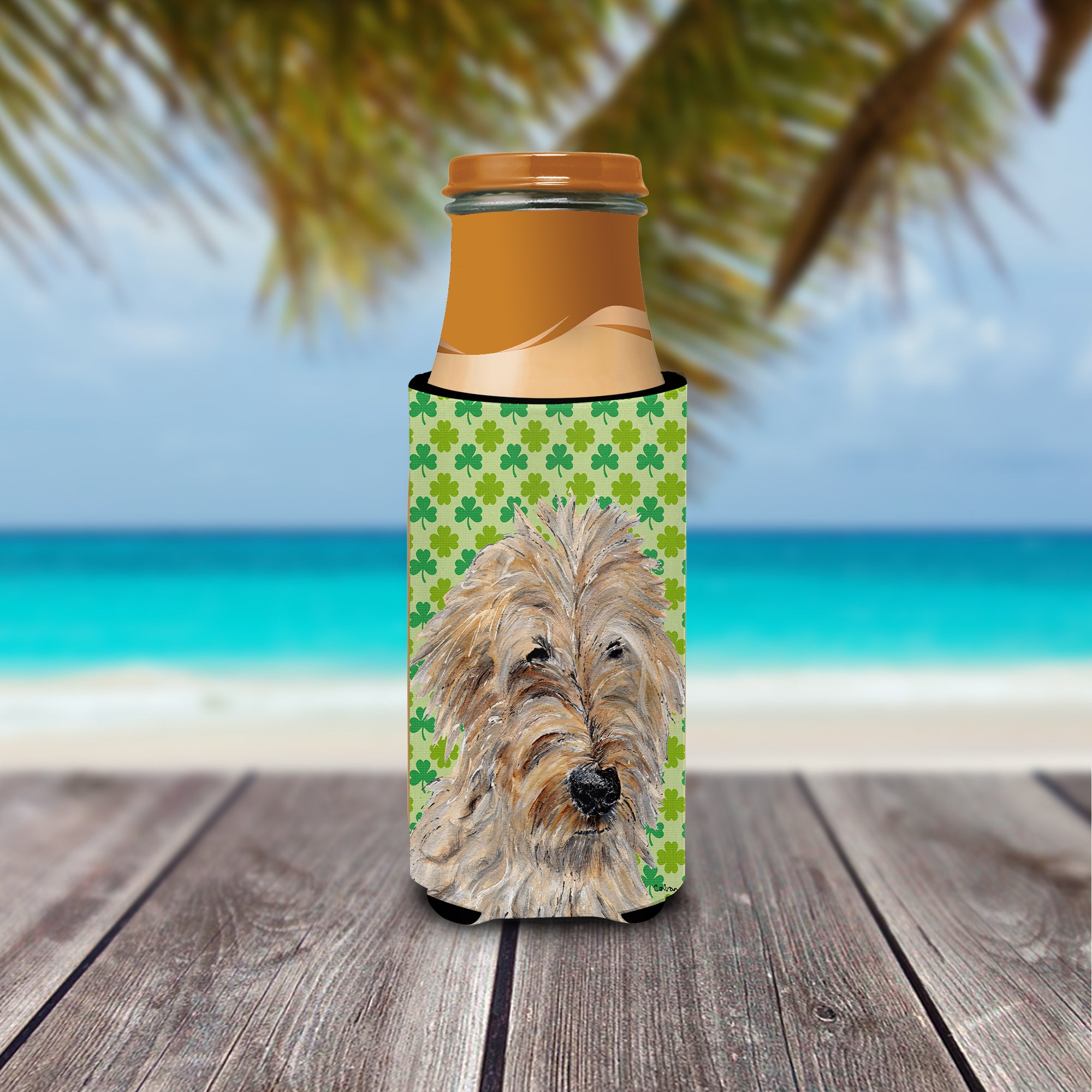 Golden Doodle 2 Lucky Shamrock St. Patrick's Day Ultra Beverage Insulators for slim cans SC9739MUK.