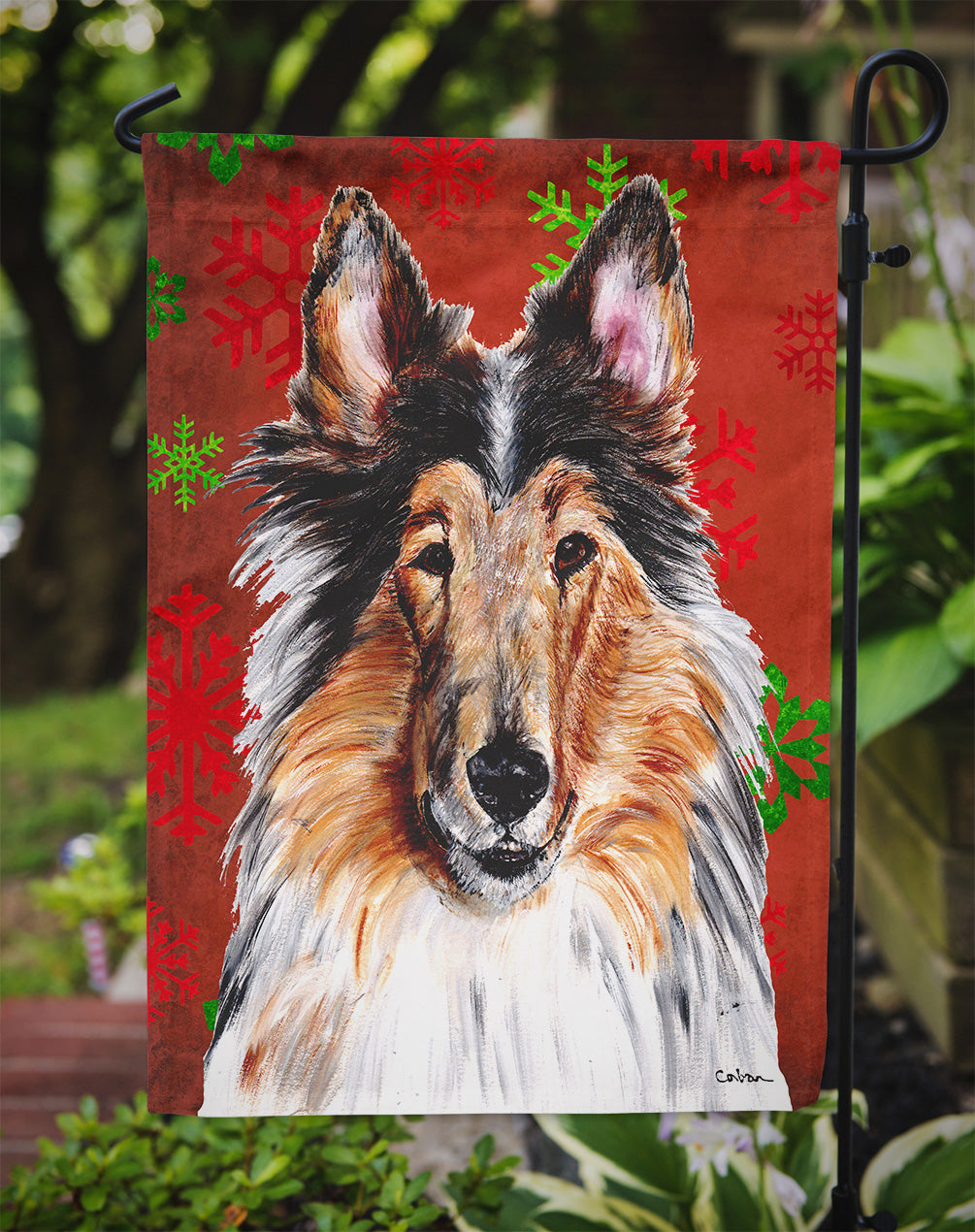 Collie Red Snowflakes Holiday Flag Garden Size SC9742GF  the-store.com.