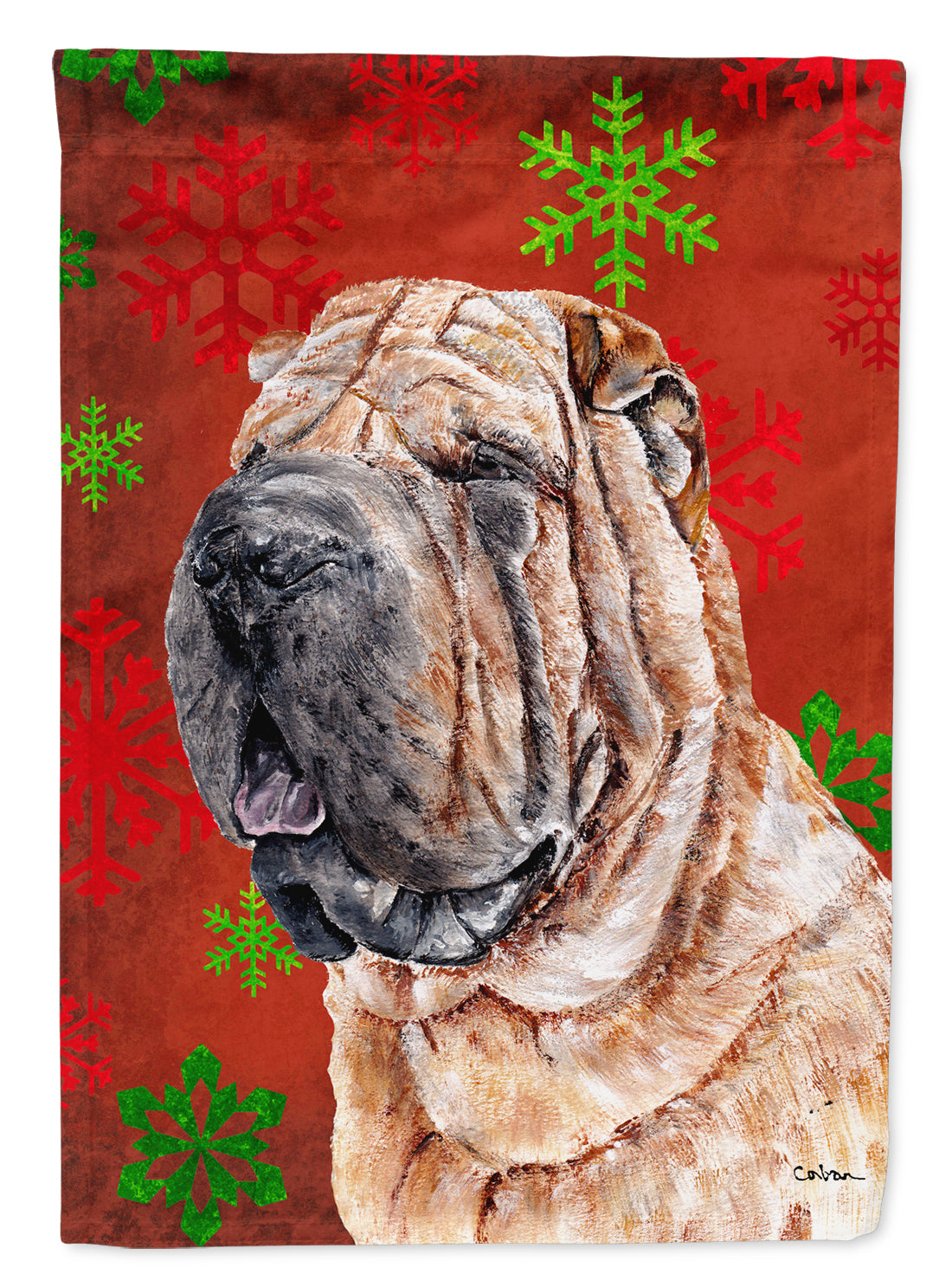 Shar Pei Red Snowflakes Holiday Flag Canvas House Size SC9743CHF  the-store.com.