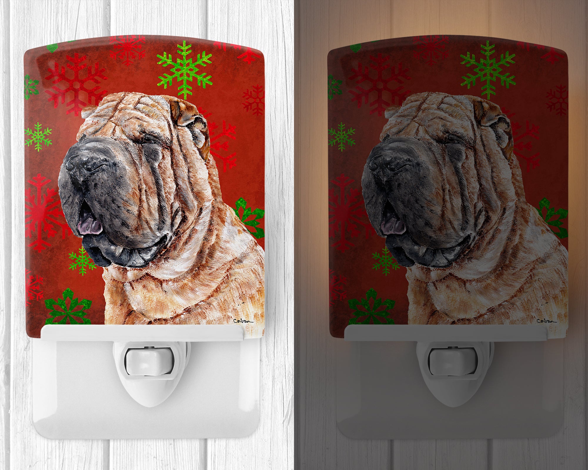 Shar Pei Red Snowflakes Holiday Ceramic Night Light SC9743CNL - the-store.com