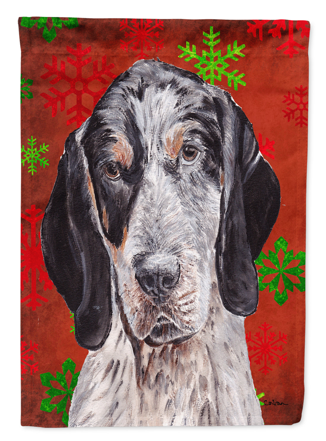 Blue Tick Coonhound Red Snowflakes Holiday Flag Canvas House Size SC9745CHF  the-store.com.