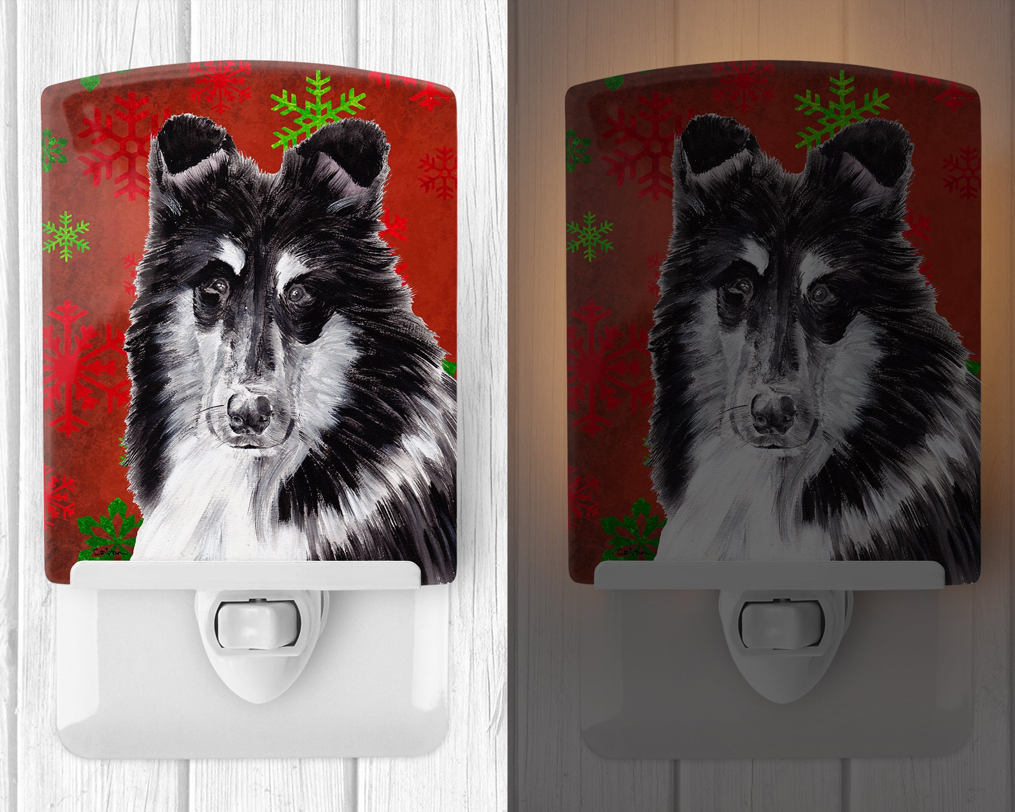 Black and White Collie Red Snowflakes Holiday Ceramic Night Light SC9750CNL - the-store.com