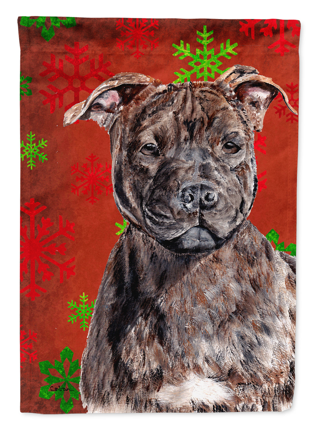 Staffordshire Bull Terrier Staffie Red Snowflakes Holiday Flag Canvas House Size SC9753CHF  the-store.com.