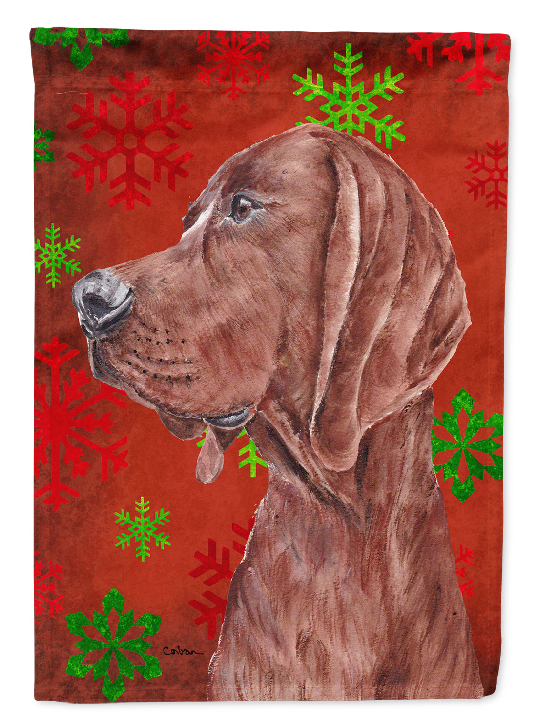 Redbone Coonhound Red Snowflakes Holiday Flag Canvas House Size SC9755CHF  the-store.com.