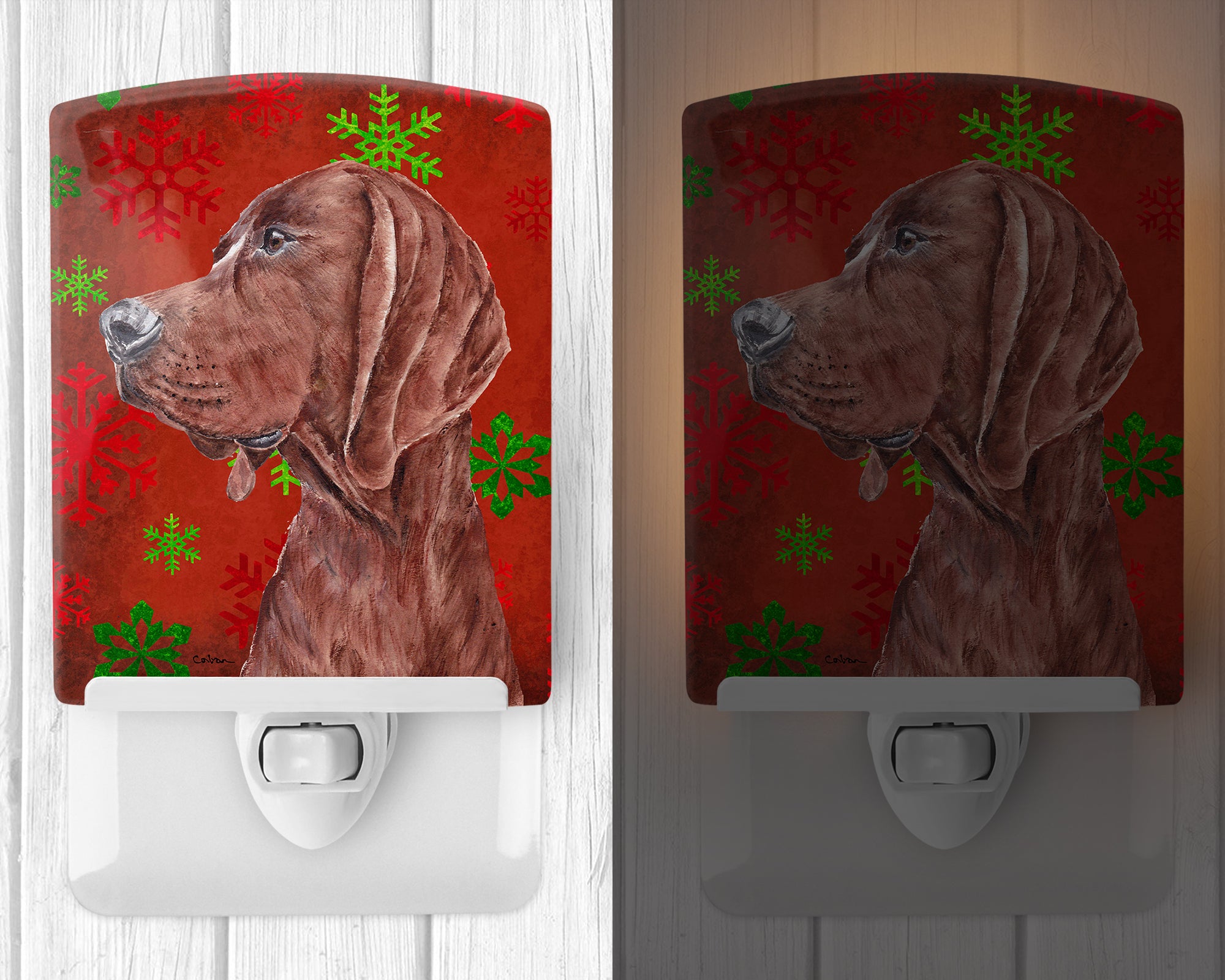 Redbone Coonhound Red Snowflakes Holiday Ceramic Night Light SC9755CNL - the-store.com