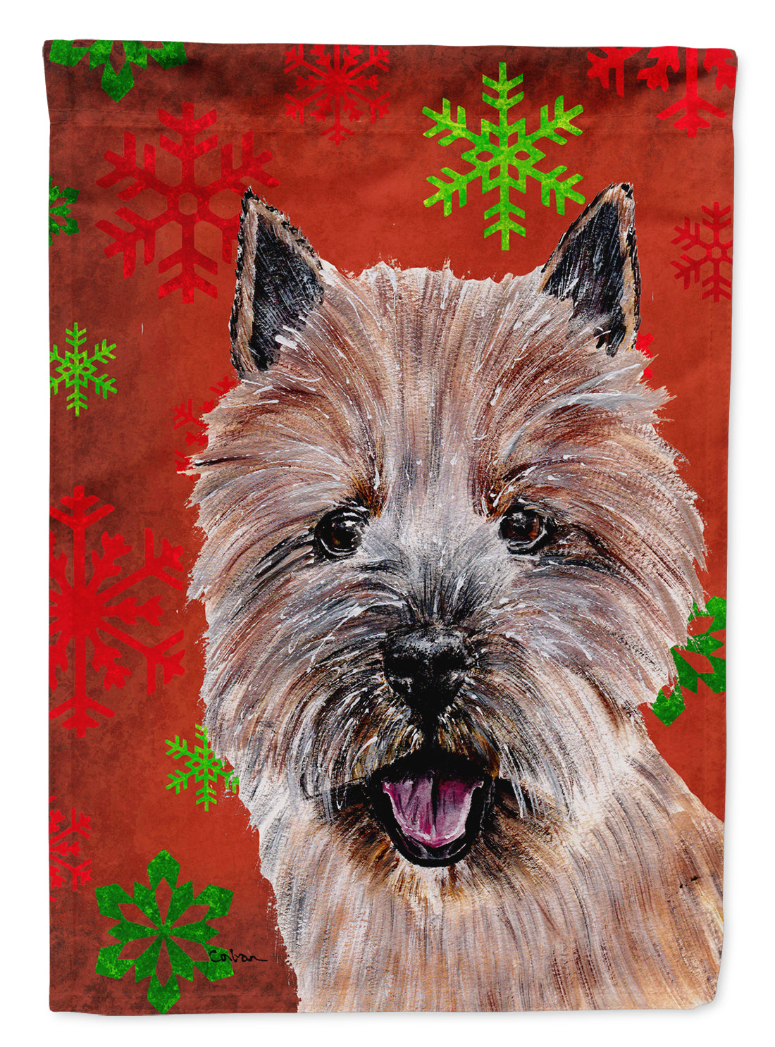 Norwich Terrier Red Snowflakes Holiday Flag Canvas House Size SC9758CHF  the-store.com.