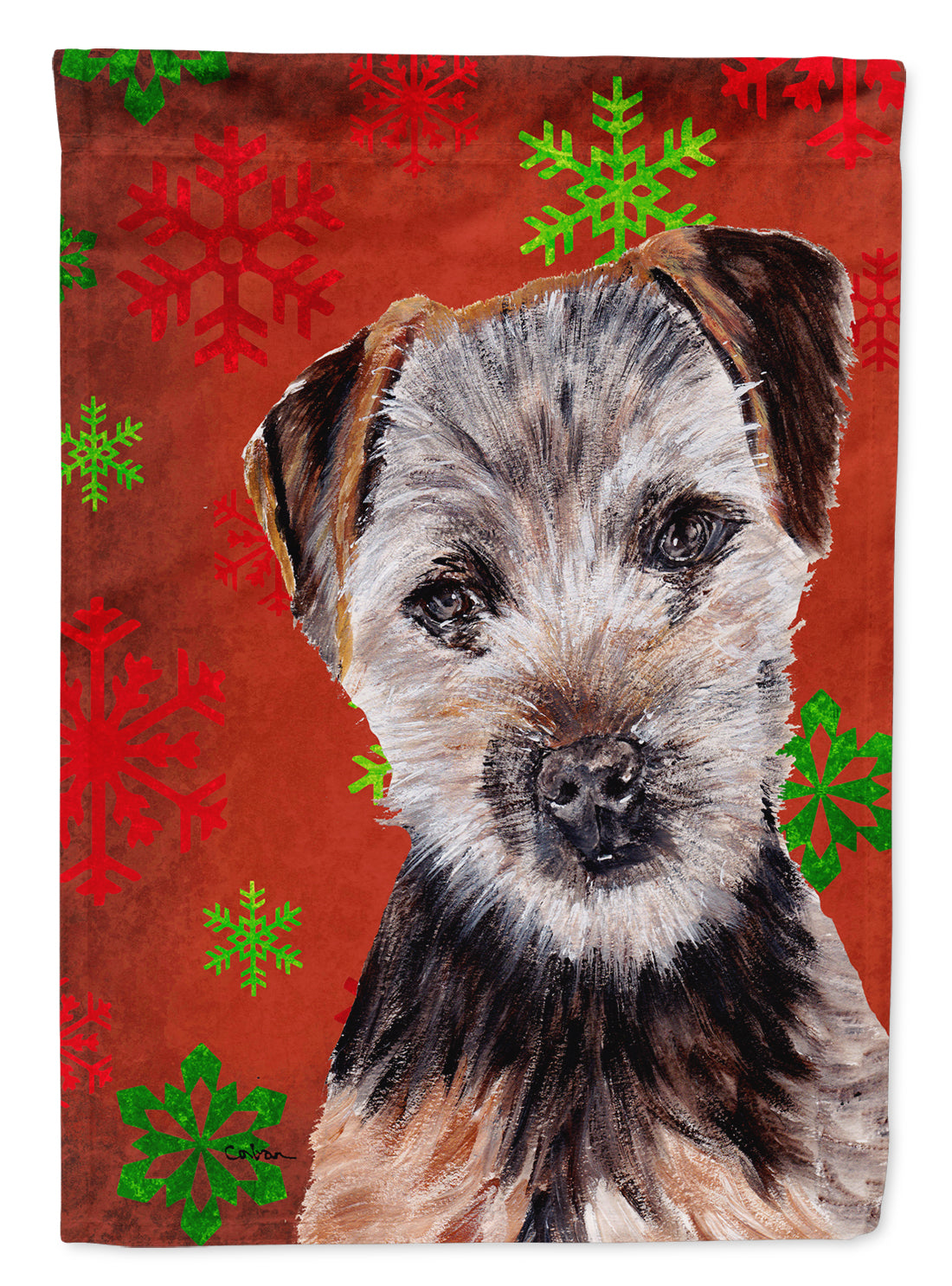 Norfolk Terrier Puppy Red Snowflakes Holiday Flag Canvas House Size SC9759CHF  the-store.com.