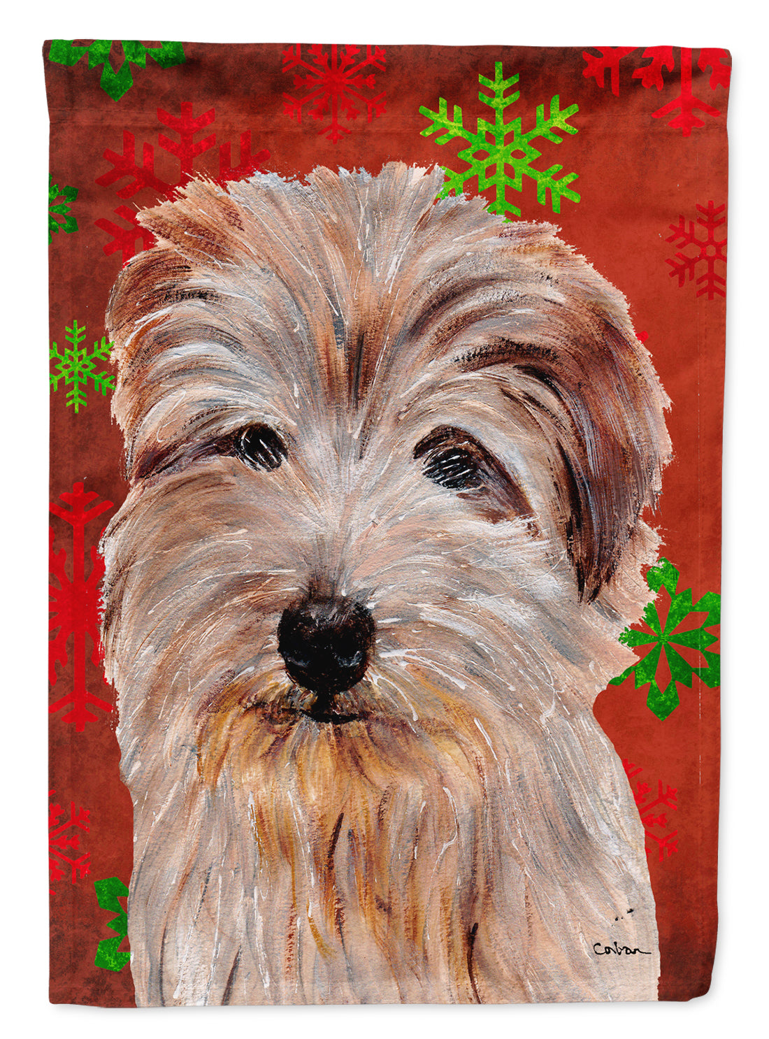 Norfolk Terrier Red Snowflakes Holiday Flag Canvas House Size SC9760CHF  the-store.com.