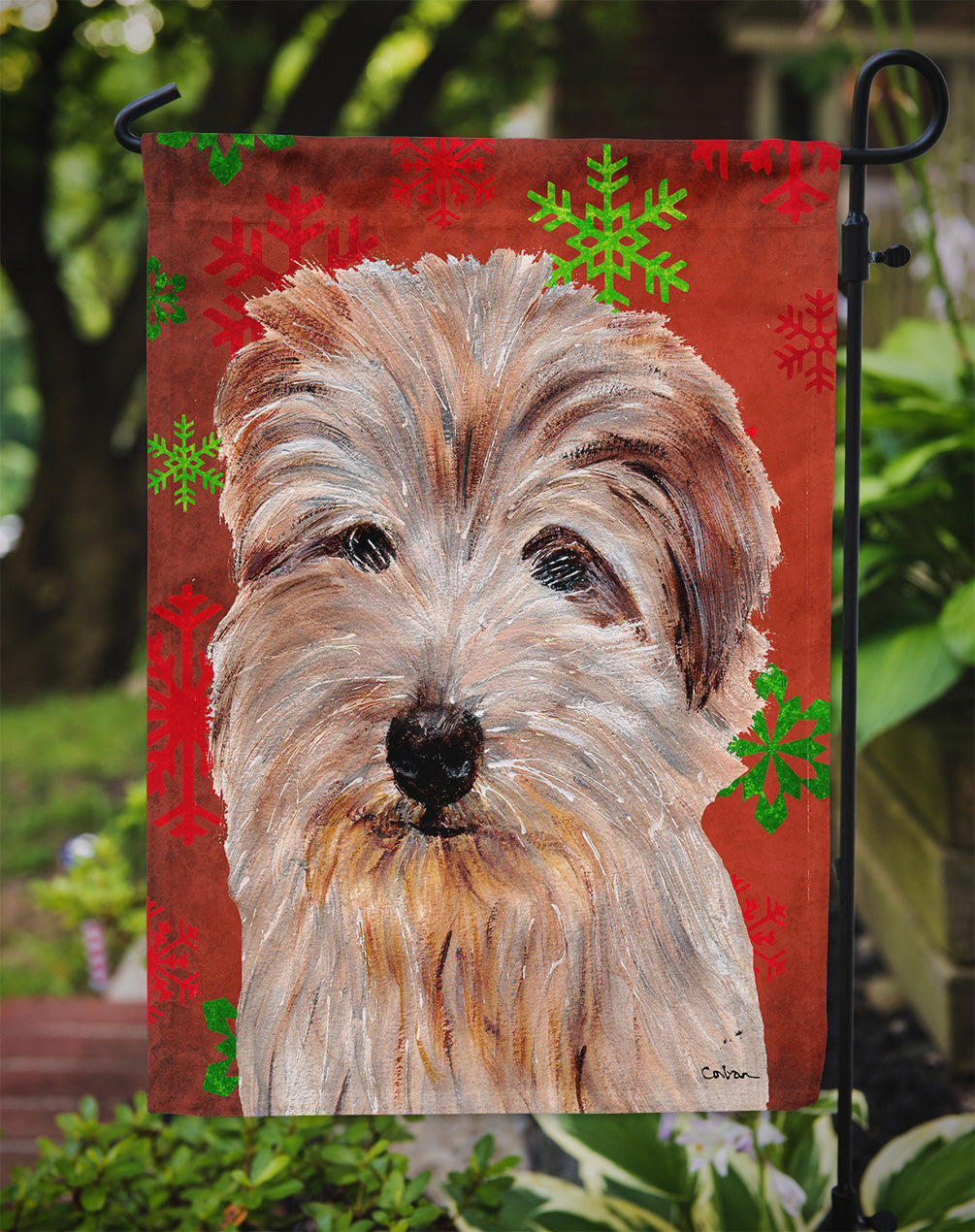 Norfolk Terrier Red Snowflakes Holiday Flag Garden Size SC9760GF  the-store.com.