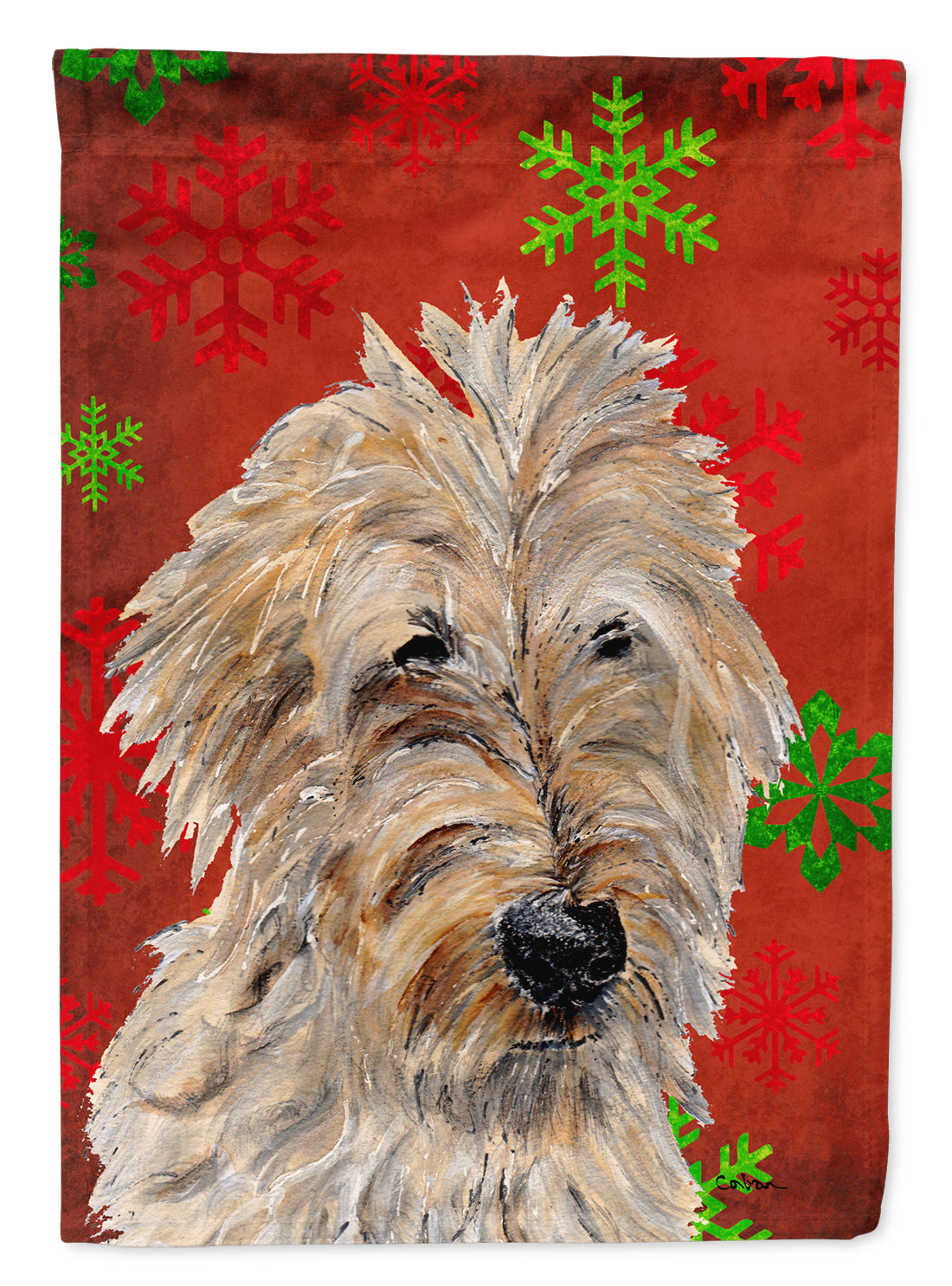 Golden Doodle 2 Red Snowflakes Holiday Flag Canvas House Size SC9763CHF  the-store.com.