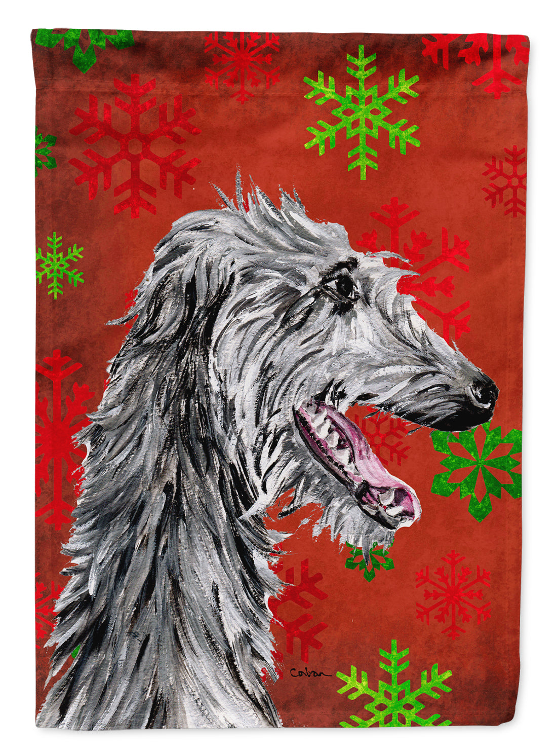 Scottish Deerhound Red Snowflakes Holiday Flag Garden Size SC9765GF  the-store.com.