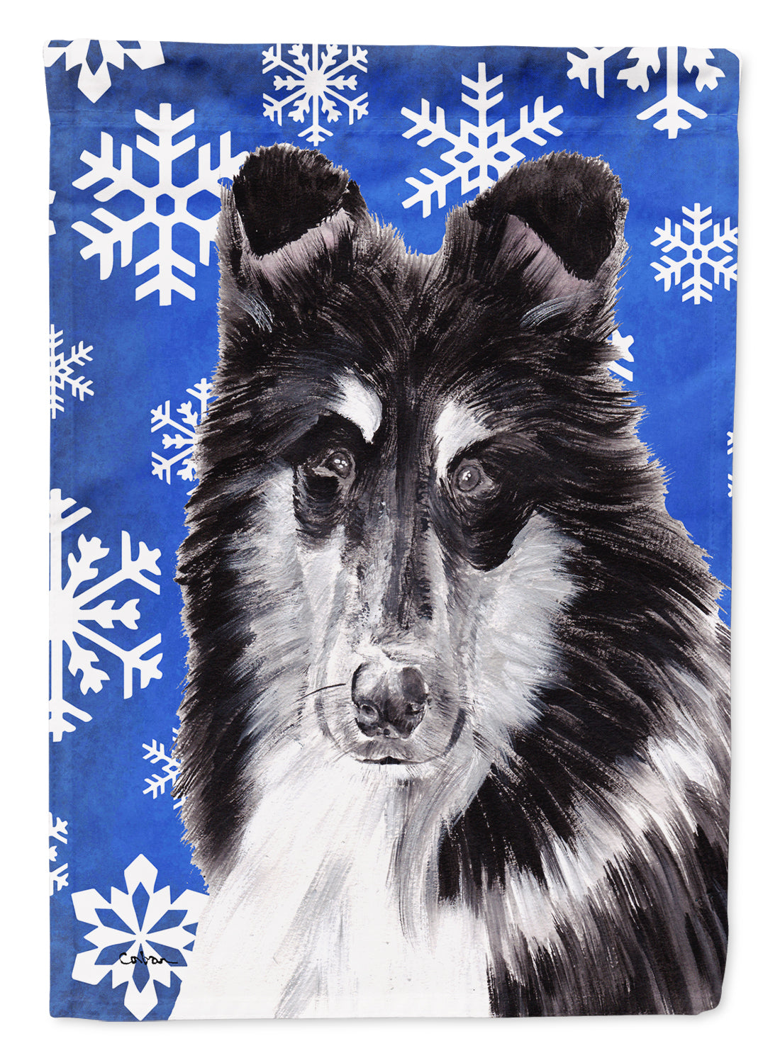 Black and White Collie Winter Snowflakes Flag Canvas House Size SC9774CHF  the-store.com.