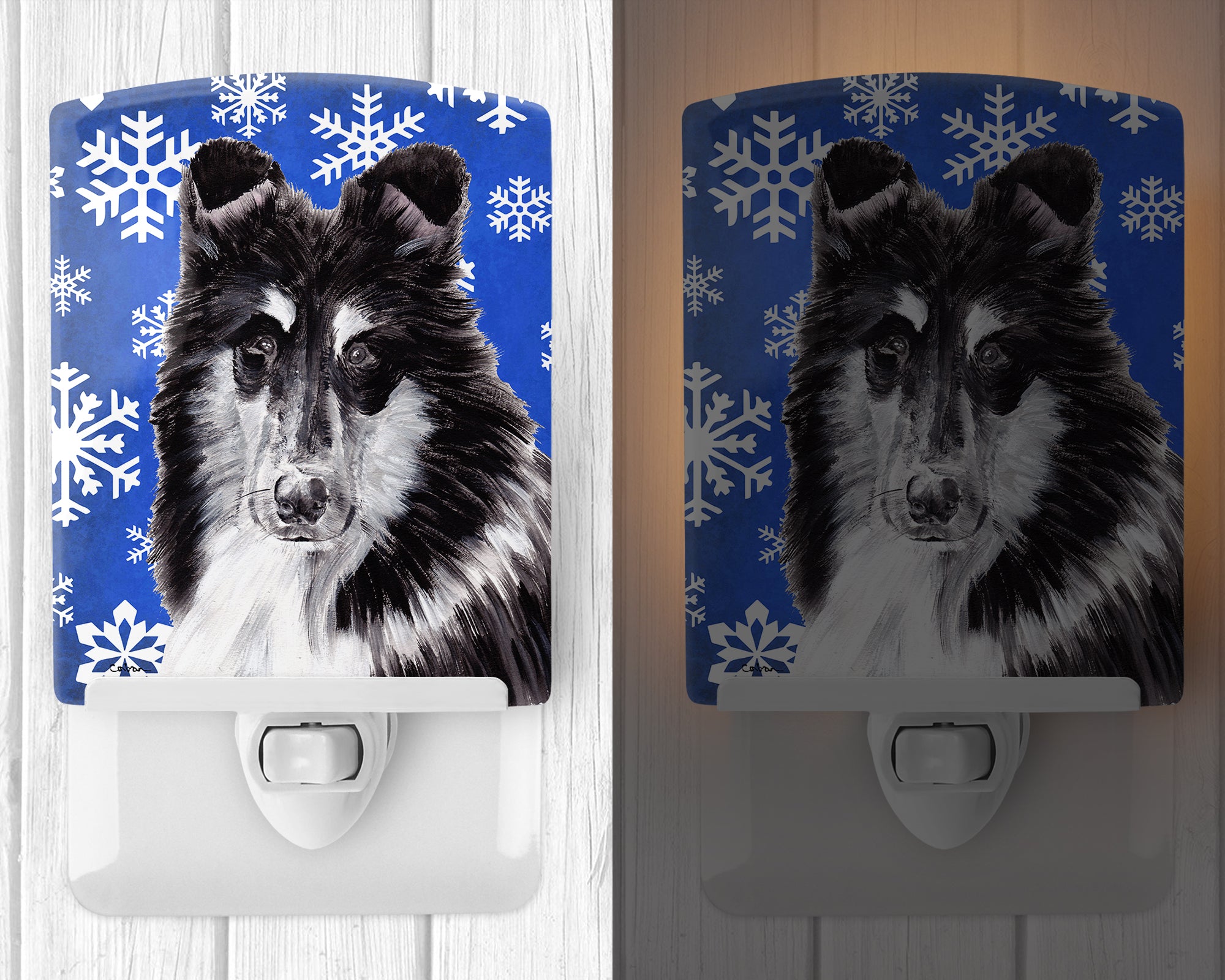 Black and White Collie Winter Snowflakes Ceramic Night Light SC9774CNL - the-store.com