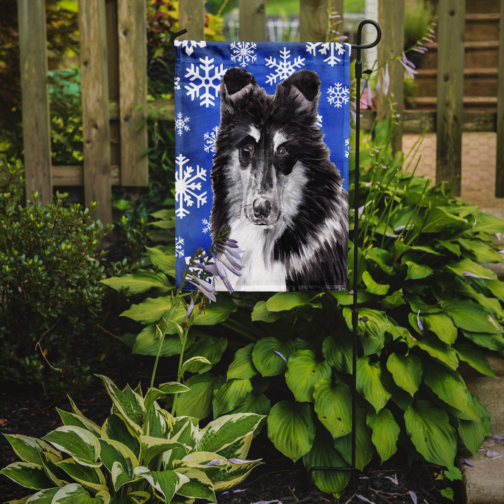 Black and White Collie Winter Snowflakes Flag Garden Size SC9774GF  the-store.com.