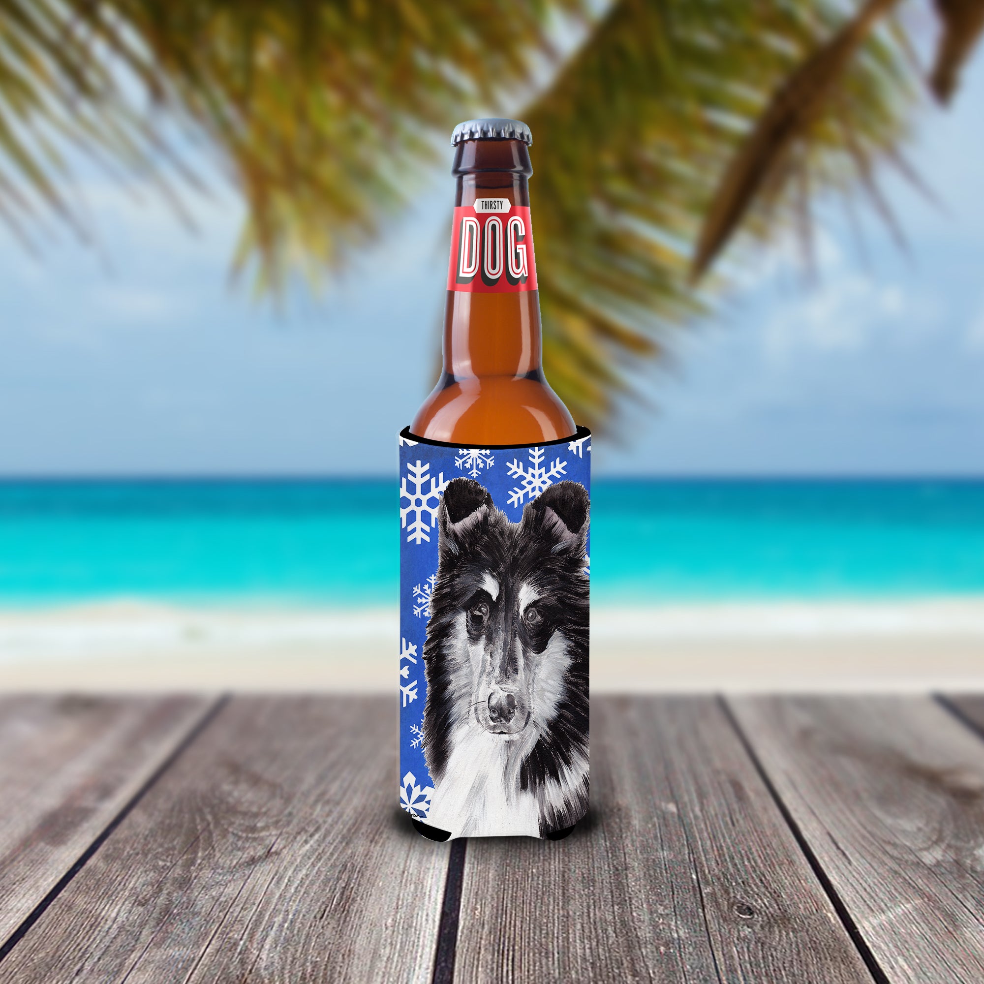 Black and White Collie Winter Snowflakes Ultra Beverage Insulators for slim cans SC9774MUK.