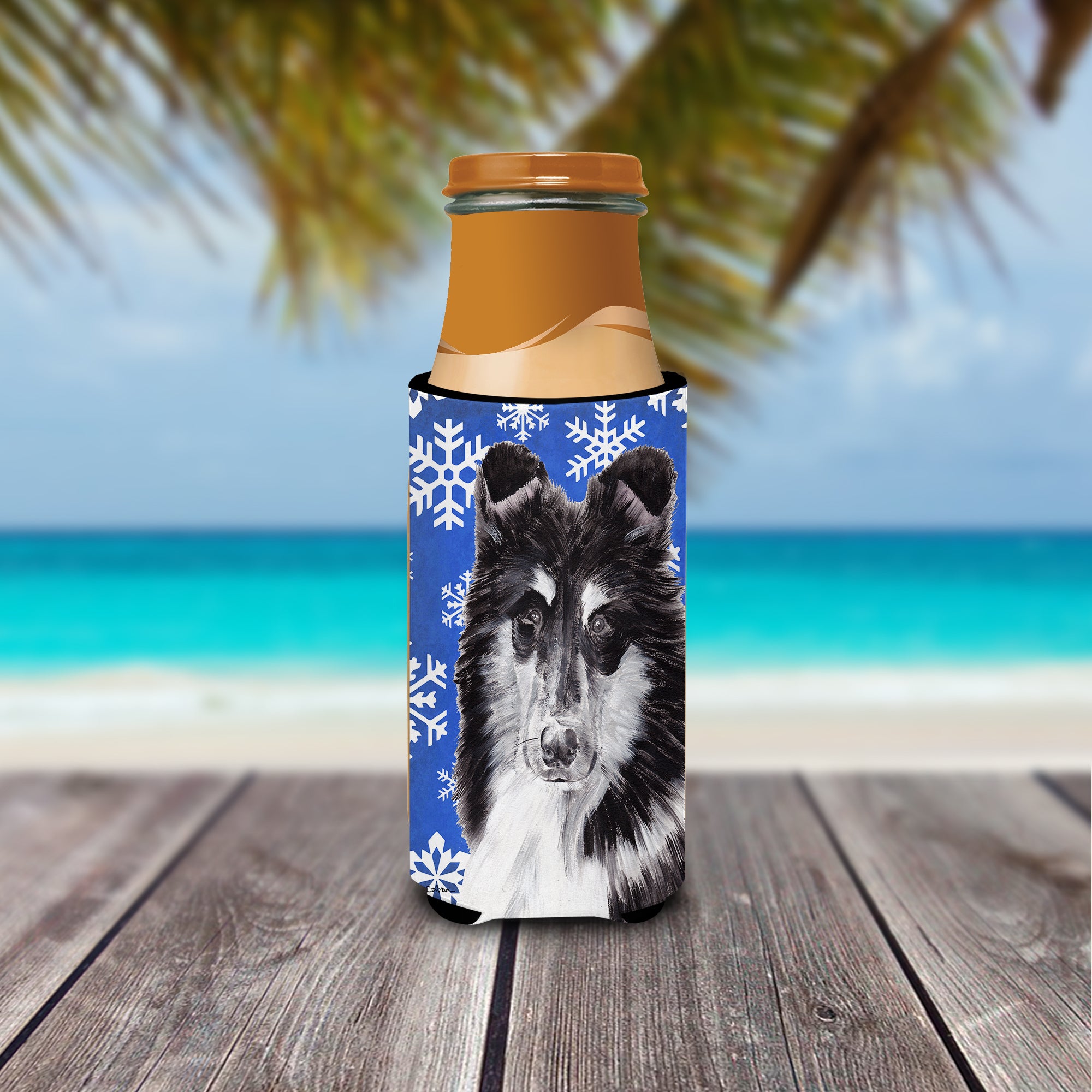 Black and White Collie Winter Snowflakes Ultra Beverage Insulators for slim cans SC9774MUK.