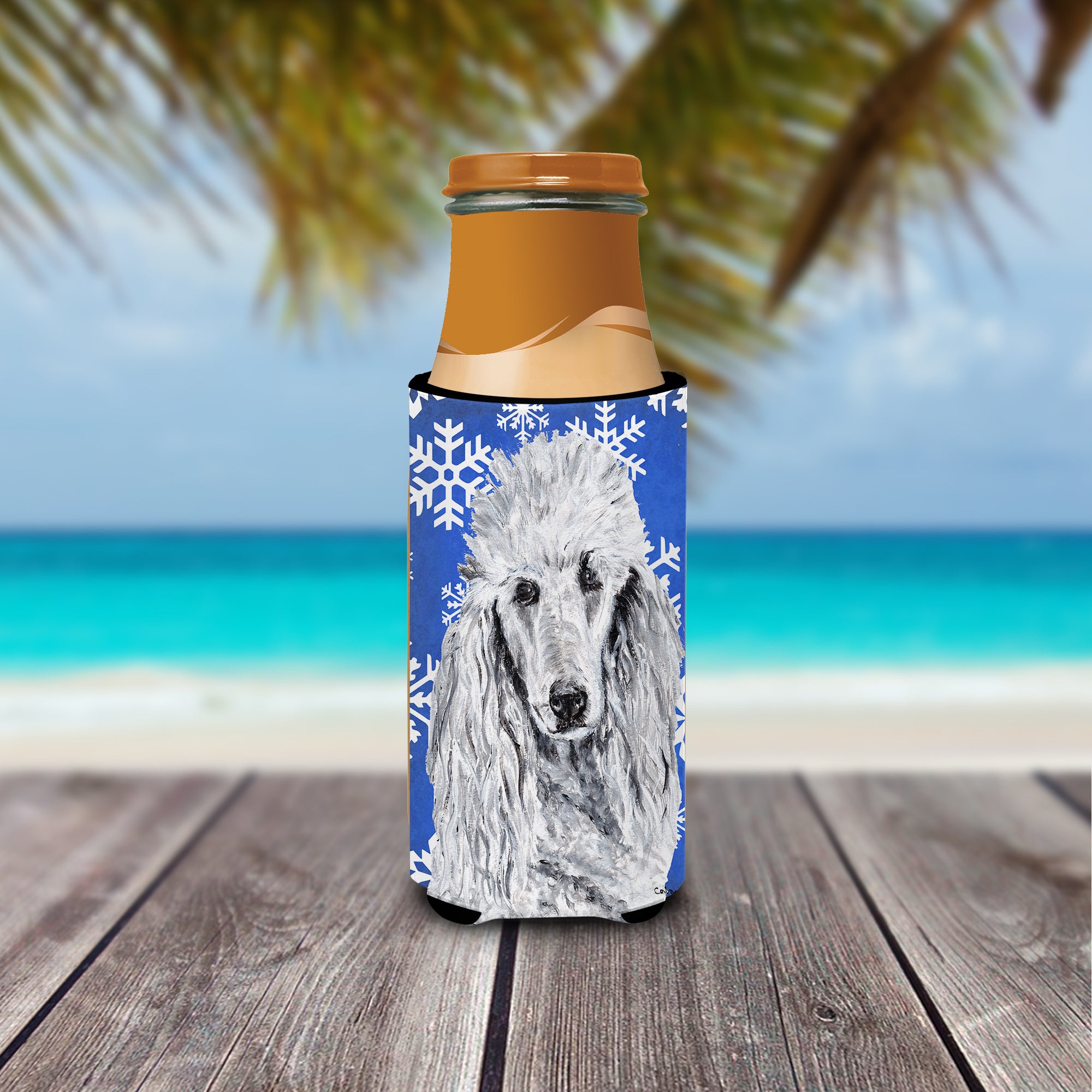 White Standard Poodle Winter Snowflakes Ultra Beverage Insulators for slim cans SC9775MUK.