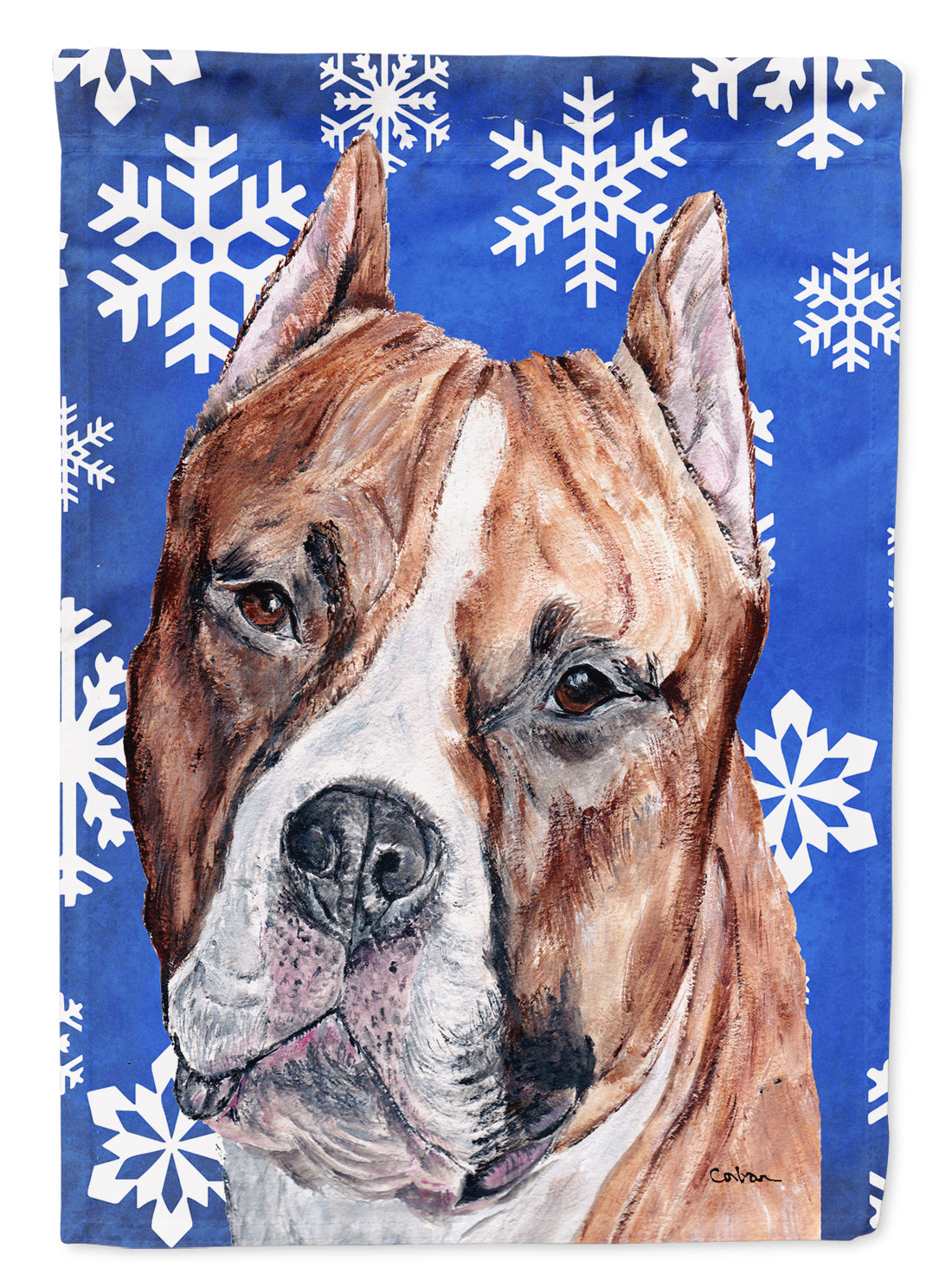 Staffordshire Bull Terrier Staffie Winter Snowflakes Flag Canvas House Size SC9776CHF  the-store.com.