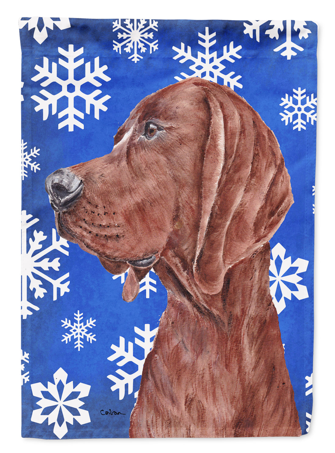 Redbone Coonhound Winter Snowflakes Flag Canvas House Size SC9779CHF  the-store.com.