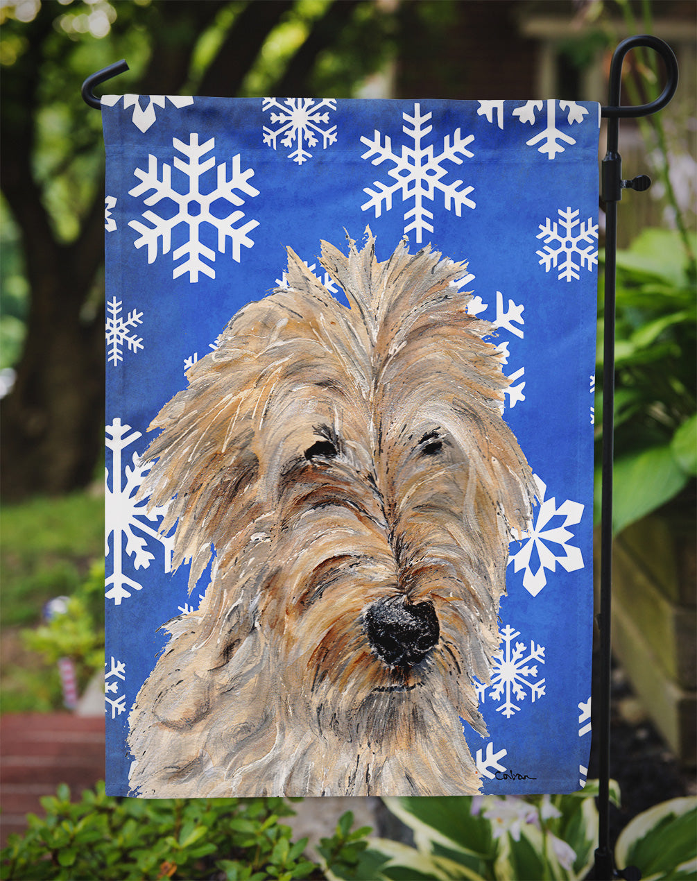 Golden Doodle 2 Winter Snowflakes Flag Garden Size SC9787GF  the-store.com.