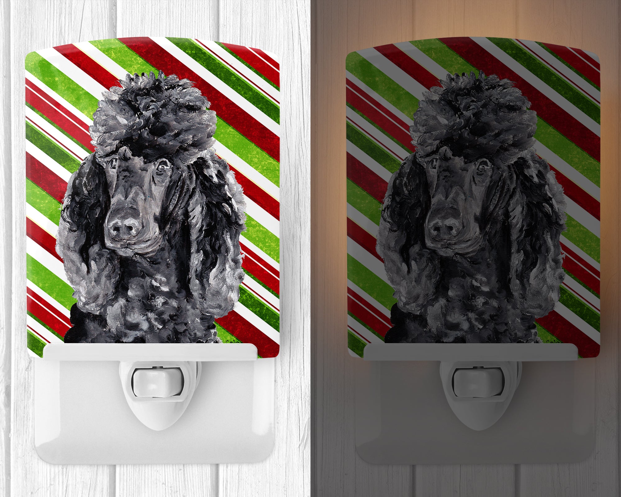 Black Standard Poodle Candy Cane Christmas Ceramic Night Light SC9794CNL - the-store.com