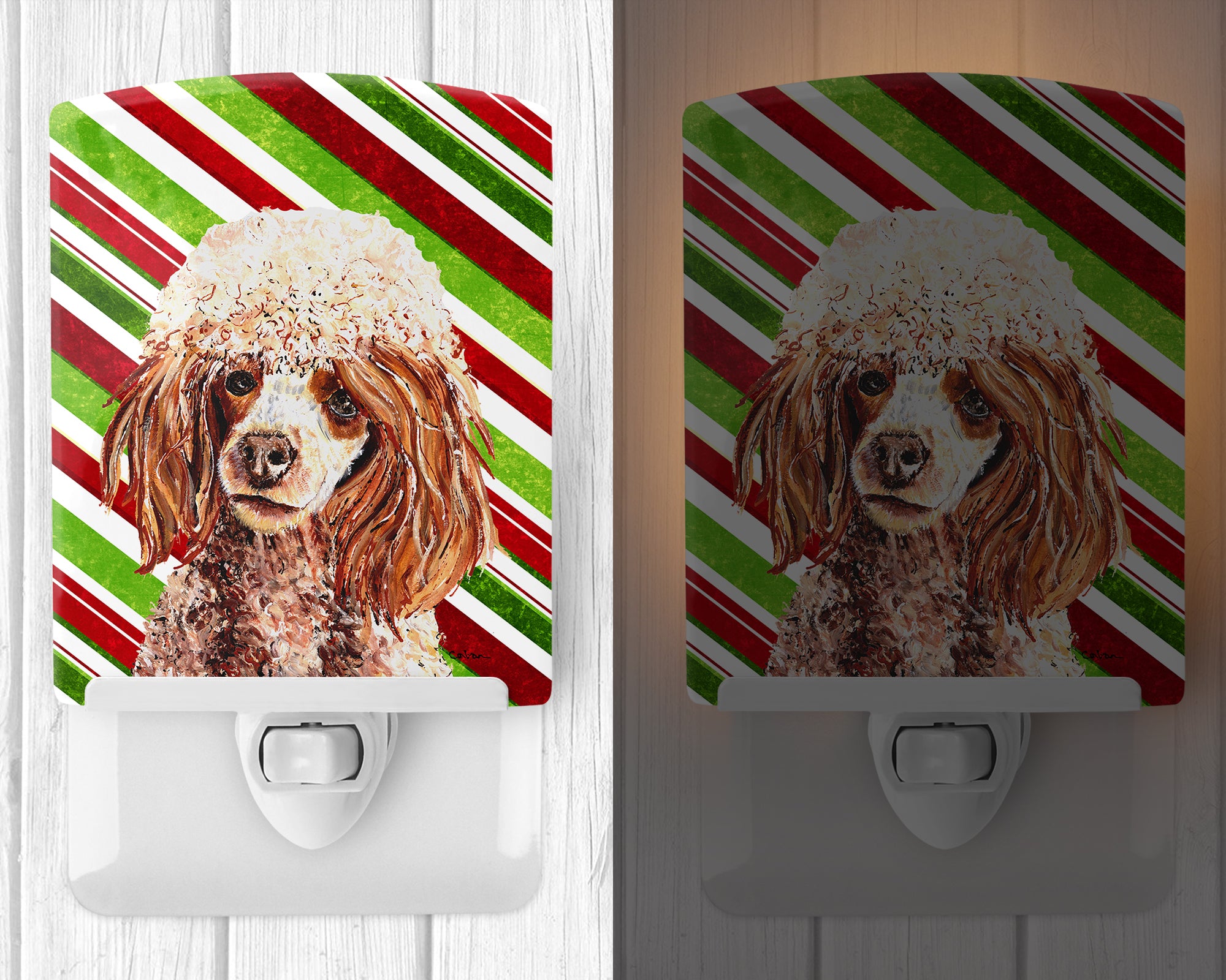 Red Miniature Poodle Candy Cane Christmas Ceramic Night Light SC9795CNL - the-store.com